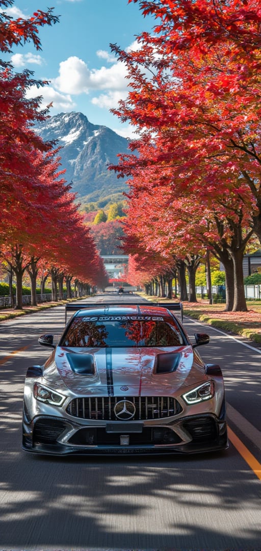 AMG GT3 EDITION 55 special car, bright silver with black slash body, bright silver ray forged aluminum alloy wheels, high-strength lightweight wheels, fixed-wind rear wing, driving on a country road on a sunny day, performing a tail flick, maple leaves on the trees Dense red maples on both sides, like a red maple tunnel, background: blue sky, beautiful mountain scenery, 32K, -- Chaos <30>, (flat angle), (close-up), (realistic), (amount of light), (high Image quality), (Volume light)