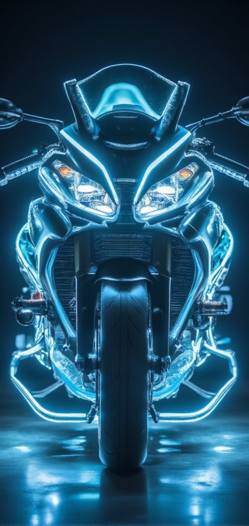 TRON Light Cycle, the super cool "Light Cycle" motorcycle, 32K, -- Chaos <30>, (eye level angle), (close-up), (realistic), (amount of light), (high Image quality), (Volume light) 32K   --chaos <30>  --uplight、（Eye level angle）、（close-up）、（photoreal）、（volumetric light）