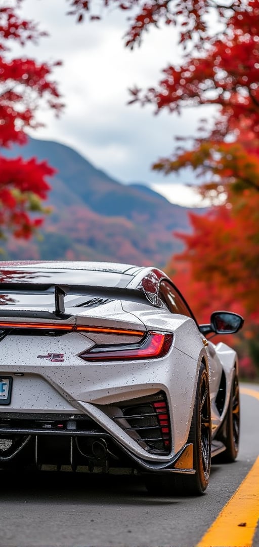 Honda NSX, pearl white glossy carbon fiber body, body painting, bright silver ray forged aluminum wheels, high-strength lightweight wheels, aerodynamic kit, driving on a mountain road on a sunny day, with dense maple leaves on the trees on both sides of the mountain road , red maple leaves, background: clear sky, beautiful mountain scenery, 32K, --chaos<30>, (Eye level angle), (close-up), (realistic), (high quality),（volumetric light）