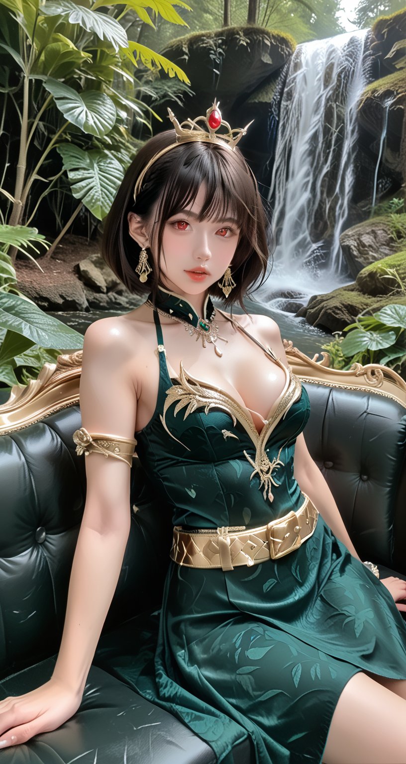 A woman sits regally on a moss-green sofa, her emerald two-piece outfit glistening under the warm glow of uplit natural light. Her long, raven-black hair cascades over her shoulders like a waterfall of night. A gold belt cinches at her waist, and a crown atop her head shines with subtle intensity. Her deep, crimson eyes seem to pierce through the medium shot frame, while pursed lips convey a sense of solemnity. The large green plant beside her appears to be bursting forth from the verdant carpet, as if trying to keep pace with her majesty's statuesque pose. --chaos <30>  --uplight  --q <.25, .5,  2, >、（Eye level angle）、（medium shot）、（photoreal）、（volumetric light）、(Hyperrealistic)