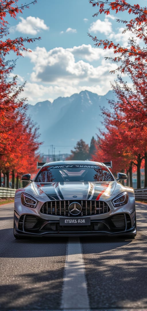 AMG GT3 EDITION 55 special car, bright silver with black slash body, bright silver ray forged aluminum alloy wheels, high-strength lightweight wheels, fixed-wind rear wing, driving on a country road on a sunny day, performing a tail flick, maple leaves on the trees Dense red maples on both sides, like a red maple tunnel, background: blue sky, beautiful mountain scenery, 32K, -- Chaos <30>, (flat angle), (close-up), (realistic), (amount of light), (high Image quality), (Volume light)