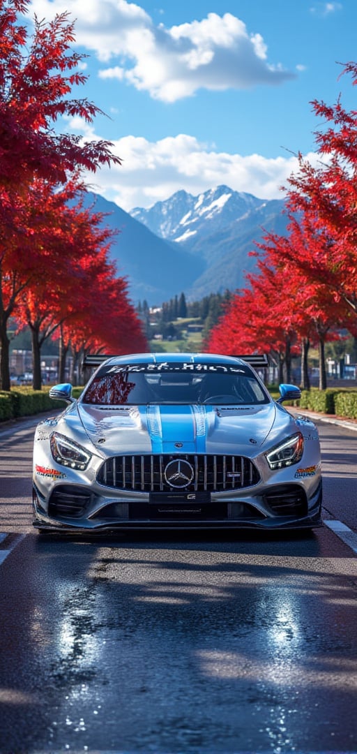 Mercedes-AMG GT3 (C190), bright silver with blue diagonal line body, bright silver ray forged aluminum alloy wheels, high-strength lightweight wheels, fixed-wind rear wing, driving on a country road on a sunny day, maple leaves There are dense red maple trees on both sides of the road, like a red maple tunnel. Background: blue sky, beautiful mountain scenery, 32K, -- Chaos <30>, (flat angle), (close-up), (realistic), (amount of light), (high Image quality), (Volume light)