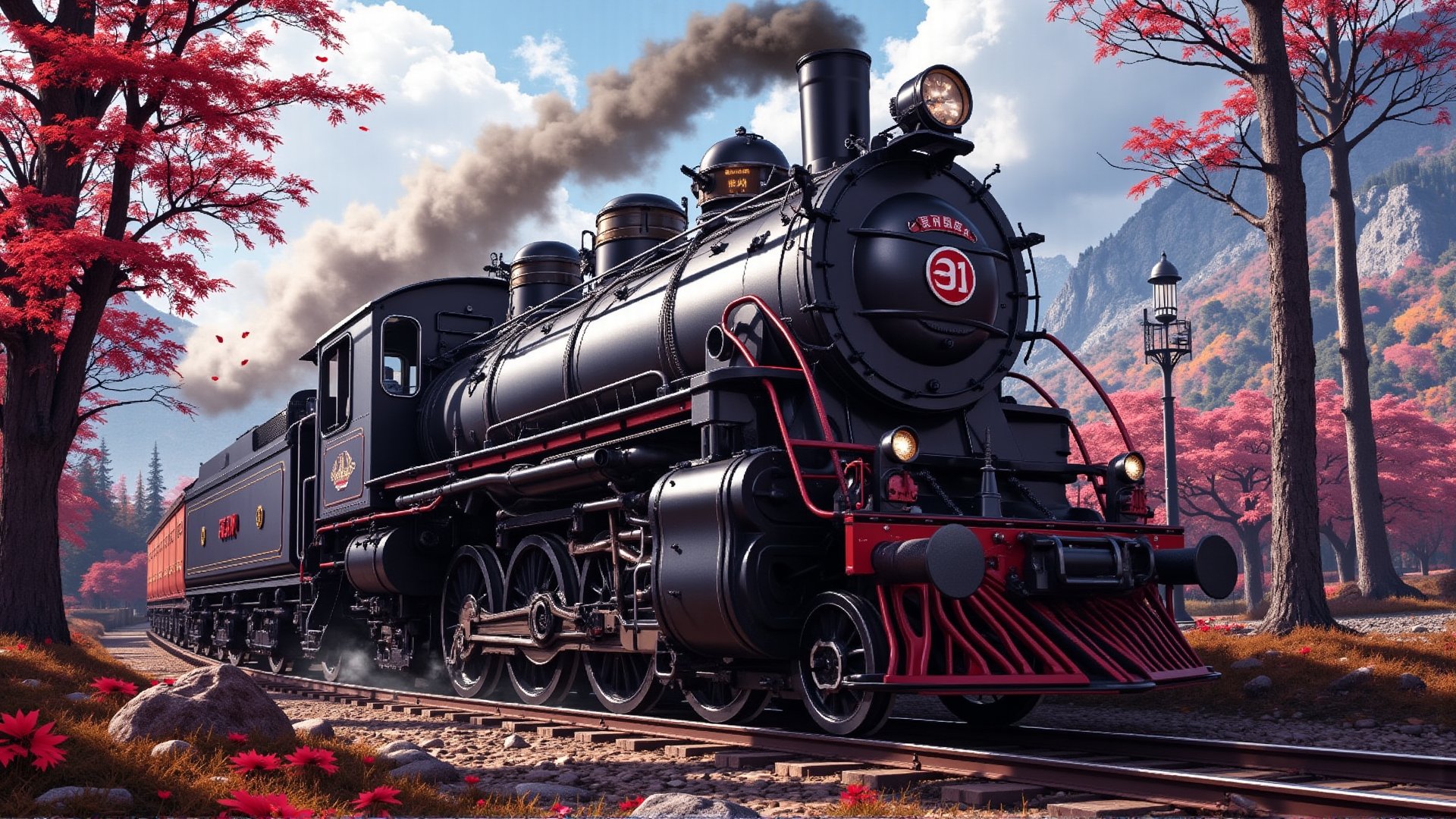 Alishan Forest Railway Steam Locomotive SL-21, with an all-black body, a red circular sticker on the top of the locomotive, with the word 21 printed on it, the locomotive is driving over the ravine, in autumn, there are tall maple trees next to it, red maples, background: blue sky, Maple leaves falling, mountains. 32K --chaos <30> --uplight, (perspective), (close-up), (photo real scene), (volume light)