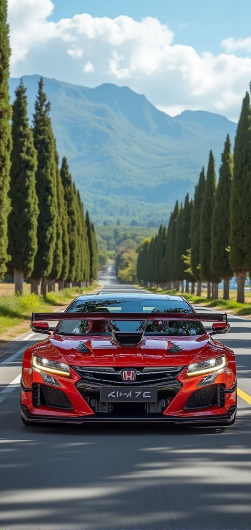 Honda NSX Hybrid, fluorescent red body, bright silver ray forged aluminum alloy wheels, high-strength lightweight wheels, aerodynamic kit, Bull Demon King fixed wind rear wing, driving on a country road on a sunny day, with dense bald cypress trees on both sides, like It is a Champs Elysees Avenue, background: blue sky, beautiful mountain scenery, 32K, - Chaos <30>, (eye level angle), (close-up), (realistic), (amount of light), (high quality), (volume light)
