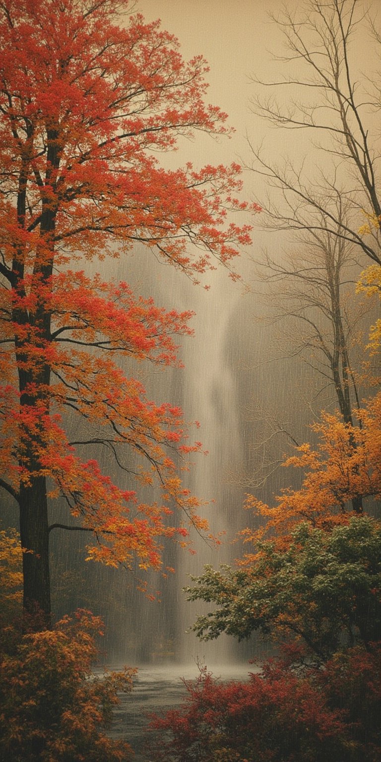 A Japanese woodblock print inspired by a melancholic autumn landscape during a rainy day. Simple, minimalist color palette with a touch of red and gold accents 4K   --chaos <30>  --uplight  --q <.25, .5,  2, >、（Eye level angle）、（medium shot）、（photoreal）、（volumetric light）