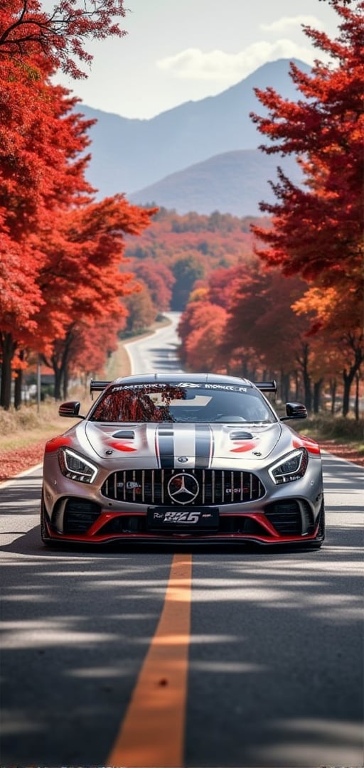 AMG GT3 EDITION 55 special car, bright silver with Carmine diagonal line body, bright silver ray forged aluminum alloy wheels, high-strength lightweight wheels, fixed-wind rear wing, driving on a country road on a sunny day, maple leaves on the trees on both sides Dense and red maples, like a maple-red tunnel, background: blue sky, beautiful mountain scenery, 32K, -- Chaos <30>, (eye level angle), (close-up), (realistic), (amount of light), (high Image quality), (Volume light)