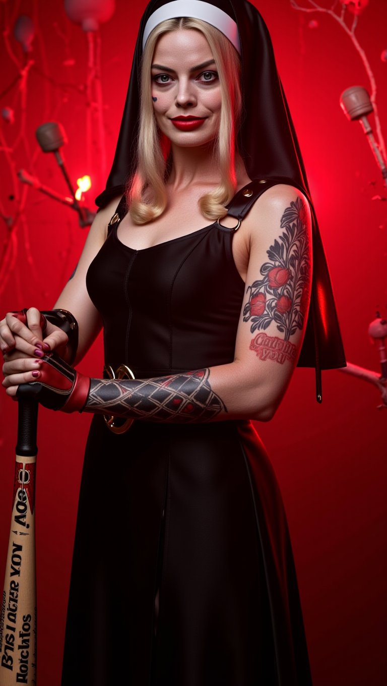 (masterpiece, high quality, 8K resolution), (masterpiece, high quality, 8K resolution), The center of the composition is a Harley Quinn dressed as sinful nun in a sleeveless Catholic robe. Her arms are covered in blackwork tattoos with religious patterns. Holds a bat. Text: "God's bles YOU" on the bat. The lighting is from behind the model with red neon tint. The lighting is from behind the model with red neon tint. A background have hell elements which underline a character's sinful. Bright lipstick accentuates the nun's beautiful face. Zack Snyder's Movie Style,margotrobb1e