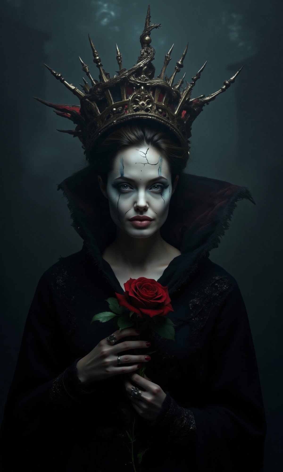 Angelina Jolie as Demon Queen: a haunting portrait of the actress donning a macabre Halloween costume. The cracked face paint job eerily captures her features, with pale skin and dark eye makeup accentuating her demonic persona. Shot in dark, muted tones, the subject is framed by a foggy background, evoking a sense of foreboding. Her pose is striking, with one hand grasping a twisted crown and the other clutching a crimson rose, as if summoning an ancient evil.,Demon Queen Cracked Face Macabre,j0l13,light makeup