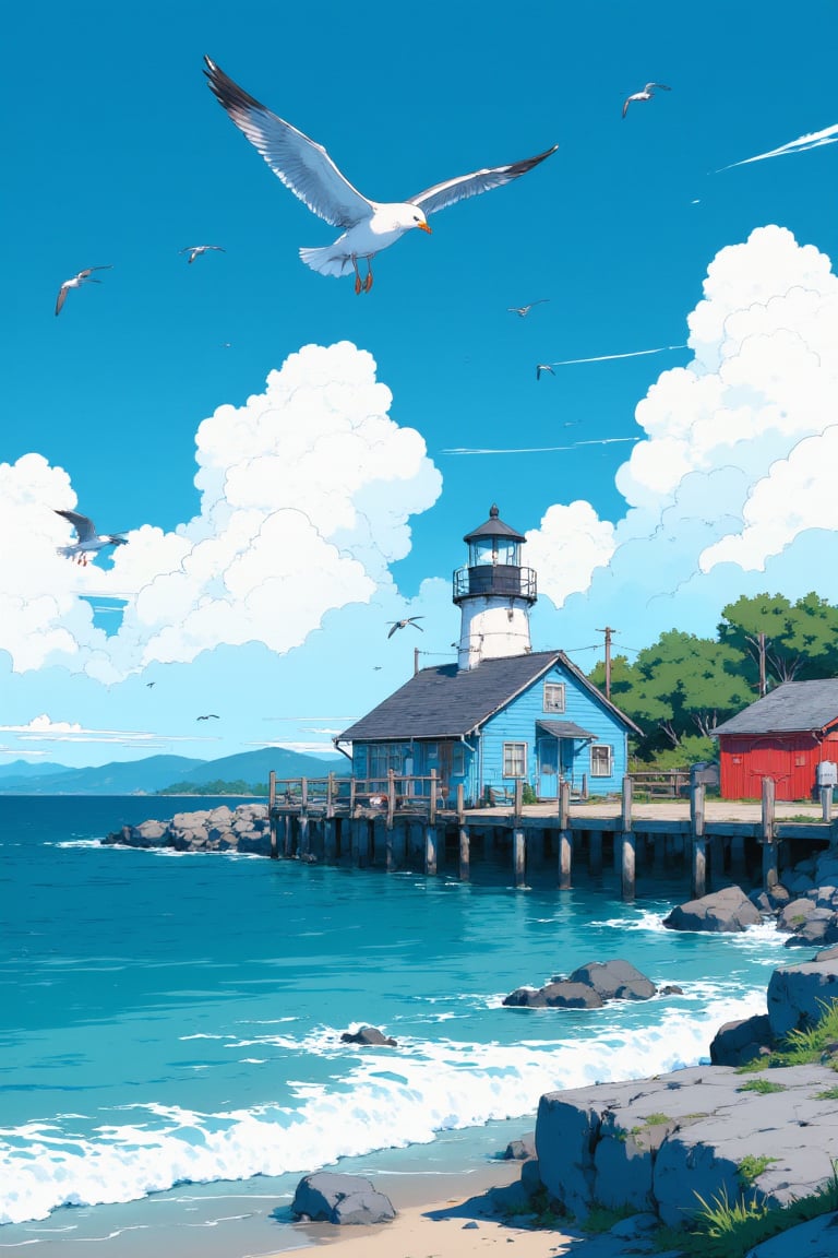 Captured at eye-level on a vibrant day, a seagulls fly over a blue house, adorned with a red door and a black roof. The house is situated on a pier, with a light house on the right side of the frame. The sky is a deep blue, dotted with fluffy white clouds, adding a touch of color to the scene. The water is a vibrant blue-green, with white waves crashing against the rocks, creating a peaceful and serene atmosphere.