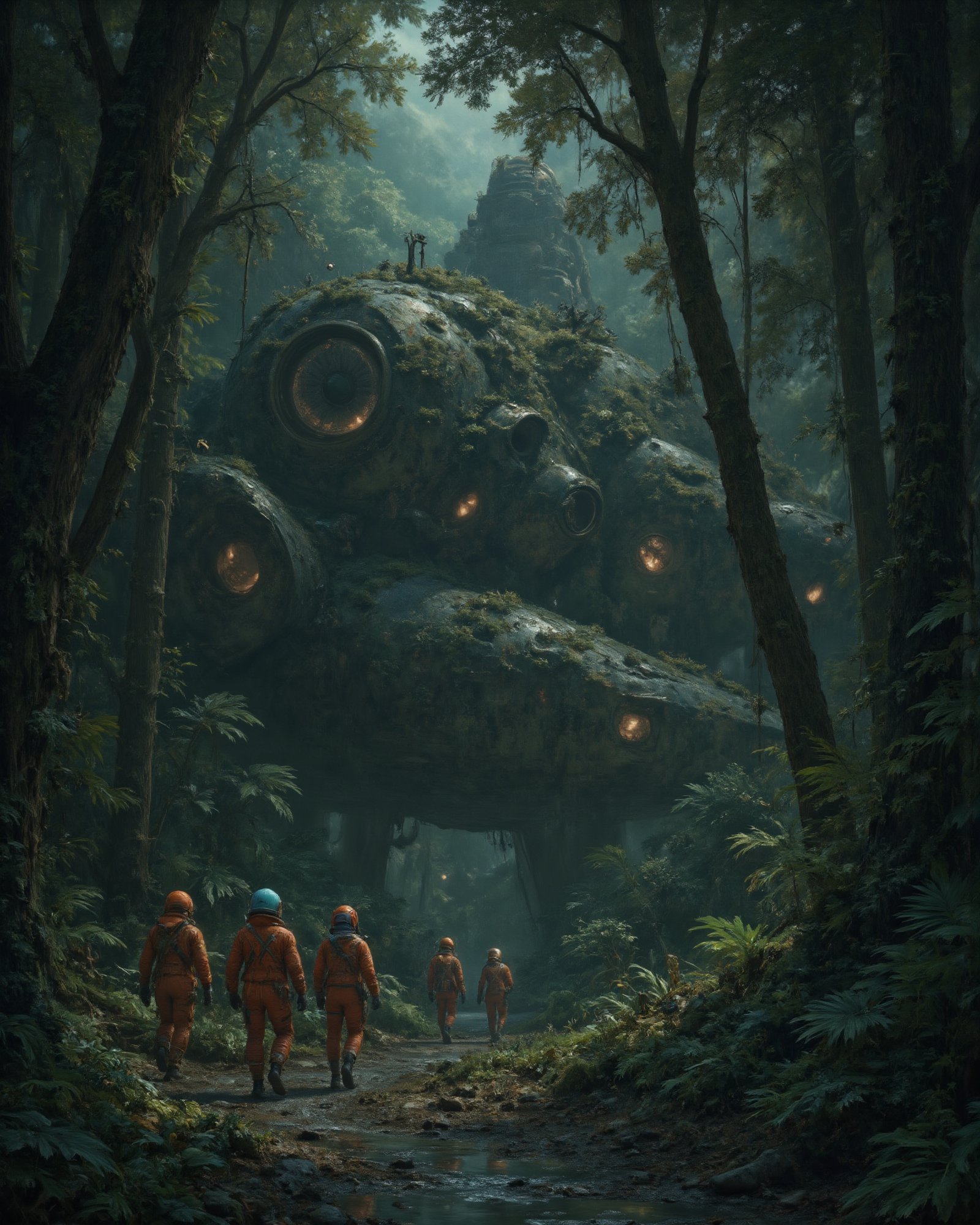 Image is a digital artwork depicting a dense, misty jungle scene with a crashed spaceship in the background. The spaceship is partially covered in moss and foliage, with a large circular engine visible. In the foreground, four individuals in orange and brown space suits are walking towards the spaceship. The suits have helmets with visors, obscuring their facial features. The jungle is lush with various green plants, ferns, and vines hanging from tall trees. The ground is wet, with a small stream running through the scene, reflecting the ambient light. The atmosphere is mysterious and adventurous, with a sense of exploration and discovery.,Midjourney art v2,Midjourney_Whisper