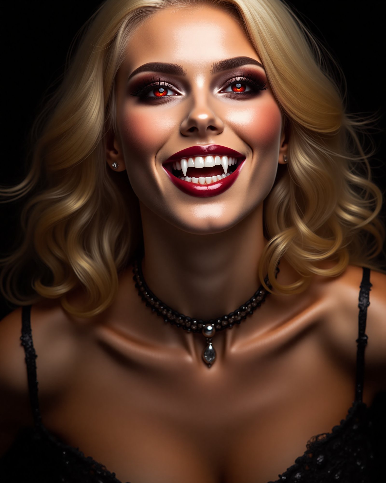 A sultry vampire bride gazes directly into the lens, her piercing red eyes (1.1) locking onto the viewer's. Her long blonde hair cascades like a golden waterfall down her back as she wears a wicked grin, showcasing a devilish smile and gleaming fangs. A delicate choker adorns her neck, adding an air of mystique to the overall composition. The framing is from above, emphasizing the subject's dominance and control.,Vampyfangs1,Vampnoir,strigoi,nosferatu