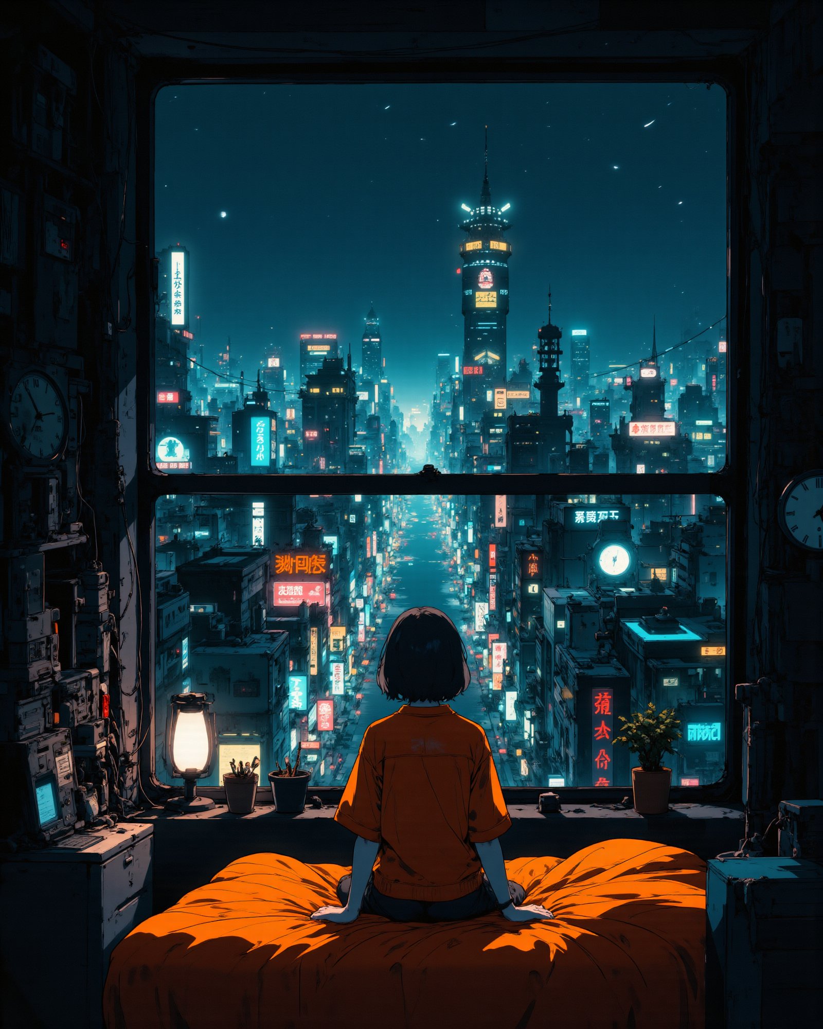 a cyberpunk-style futuristic cityscape as viewed from a small, cluttered apartment room. The room itself has a cozy, lived-in feel, with a bed covered in a vibrant orange blanket, while the walls are lined with various retro-tech gadgets, wires, and control panels. A large window dominates the scene, offering a view of a sprawling, neon-lit metropolis filled with towering skyscrapers cyberpunk Chinese temple architectures and brightly glowing signs in various languages,  typical of a densely packed urban environment.A girl in a loose shirt sitting on the edge of her bed looking out the window and smoking a cigarette, The atmosphere is misty, with rain or fog softening the glow of the city lights, creating a moody, dystopian feel. The clock on the wall suggests a retro-futuristic aesthetic, blending older, analog designs with the high-tech, neon future outside. The image gives off strong vibes of isolation amidst a bustling, high-tech world, reminiscent of cyberpunk storytelling.,anime