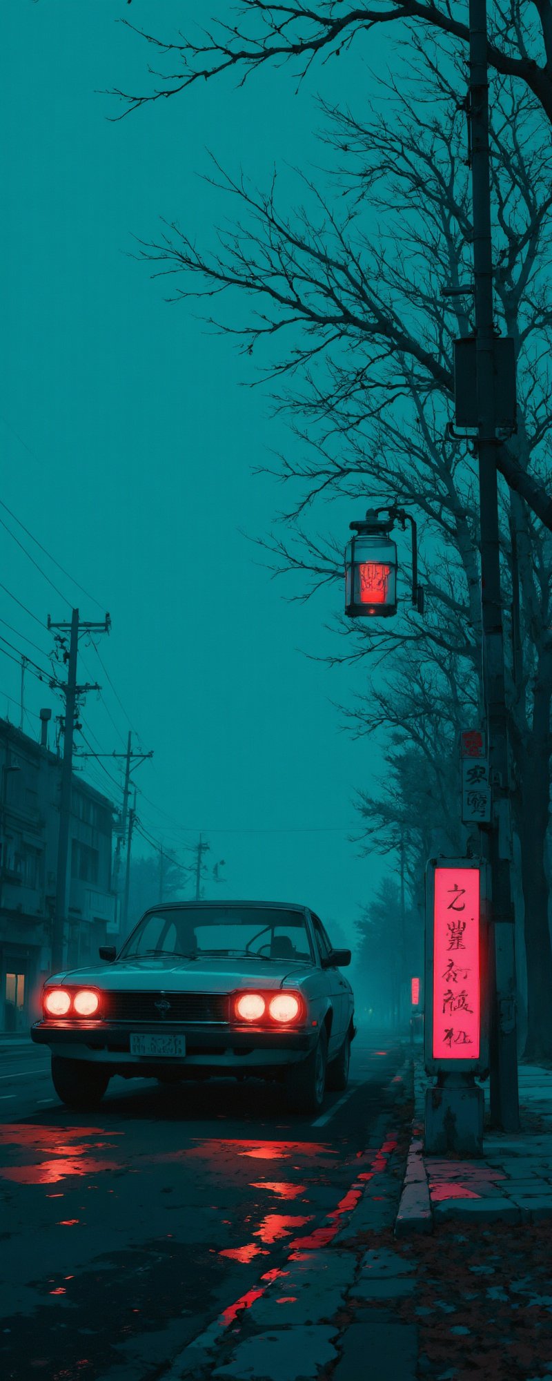 old retro car parked on the street in the evening. The background is saturated with turquoise haze and fog, which adds gloominess. On the right side of the road there are futuristic lanterns with bright red lights illuminating the sidewalk and road. The branches of trees without leaves bend slightly over the road, adding to the gloomy autumn atmosphere and mystery.Cinematic_Enhancer_Style,anime,cyberpunk