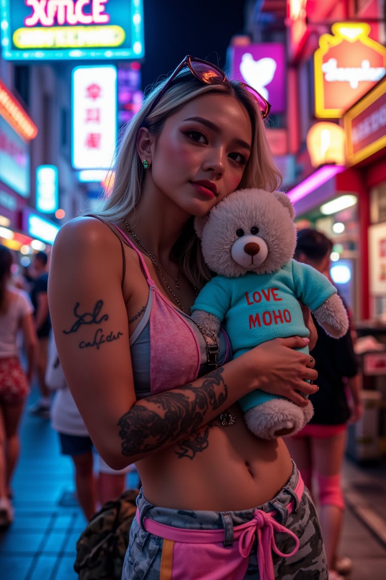 On a bustling neon-lit street, an individual stands out with their casual summer attire, marked by a sleeveless top adorned with intricate designs and camouflage shorts with pink highlights. Their arm showcases a collection of colorful tattoos, adding to their unique urban style. In their embrace, a teddy bear wearing an aqua-colored outfit boldly declares "LOVE". The vibrant neon signs in the background spell out words from different languages, contributing to the lively atmosphere of the city night. ,,futuremadness