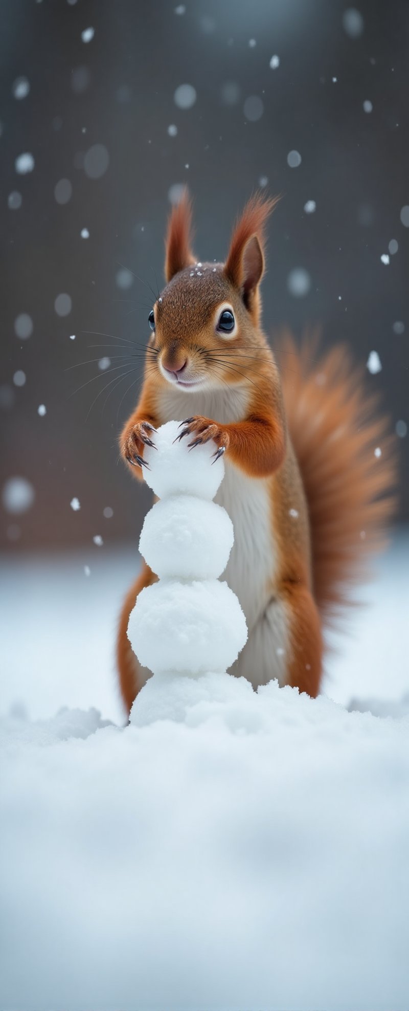 Image is a high-resolution photograph featuring a small squirrel with a bushy tail and reddish-brown fur,  standing on its...