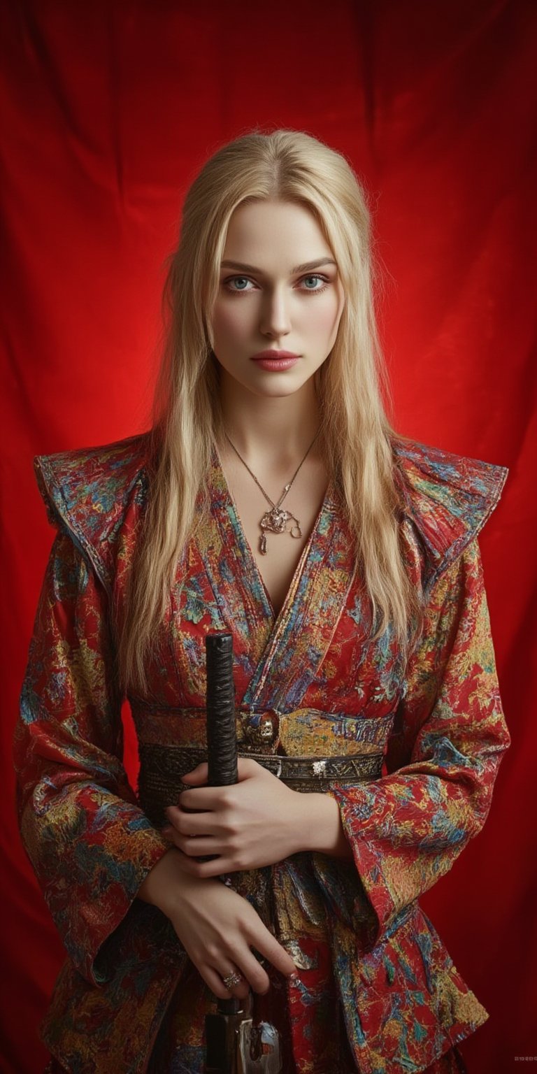 a woman with blonde hair stands in front of a vibrant red backdrop. She is dressed in a kimono-like outfit, adorned with intricate patterns of red, blue, yellow, and green. Her arms are draped across her body, adding a touch of contrast to her outfit. Her eyes are adorned with blue eyes, a delicate necklace, and a pair of earrings. Her hair is cascading over her shoulders, framing her face. She has a serious expression on her face, and she is holding a sword in her right hand. The backdrop is a deep, vibrant red, creating a striking contrast to the woman's outfit.,KeiraKnightley,Midjourney v6