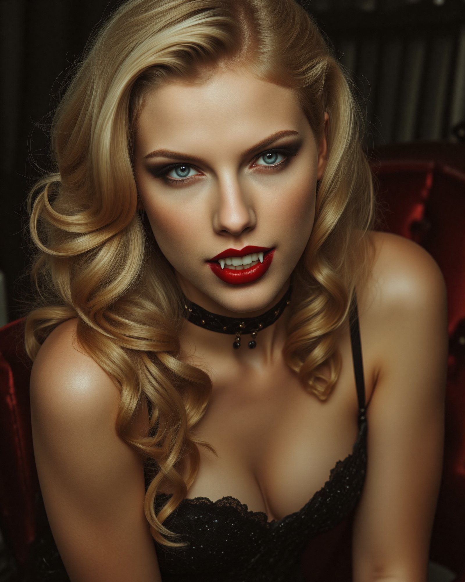 A sultry vampire bride gazes directly into the lens, her piercing red eyes (1.1) locking onto the viewer's. Her long blonde hair cascades like a golden waterfall down her back as she wears a wicked grin, showcasing a devilish smile and gleaming fangs. A delicate choker adorns her neck, adding an air of mystique to the overall composition. The framing is from above, emphasizing the subject's dominance and control.,Vampyfangs1,Vampnoir,strigoi,nosferatu,Midjourneyart,taySwift