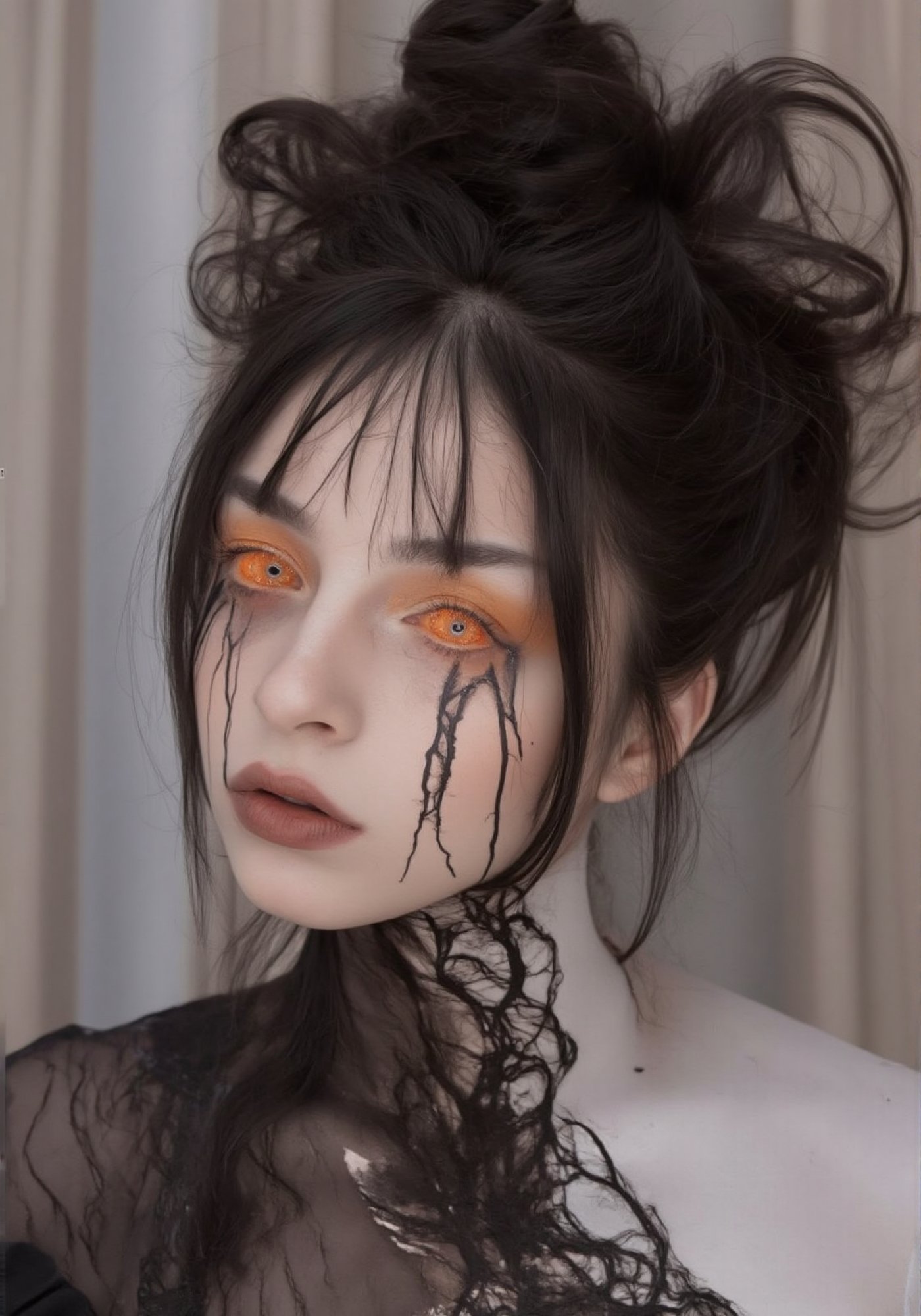 Image is a highly stylized portrait of a woman with a surreal and artistic theme. Her skin is fair, and her facial features are striking, with high cheekbones and full lips painted in a muted orange shade. Her eyes are a vivid, glowing orange, adding an otherworldly effect. Black, intricate, vein-like patterns cover parts of her face and neck, resembling cracked earth or delicate lace. Her dark hair is styled in a loose, slightly tousled manner, framing her face softly. The background is blurred, with a soft, neutral tone, possibly indicating a curtain or wall, which enhances the focus on her face and the dramatic makeup and patterns. The overall mood is mysterious and ethereal, blending elements of fantasy and high fashion.,angel_chan,Halloween makeup