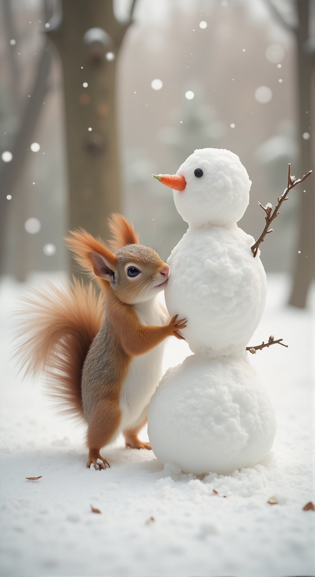 Image is a whimsical photograph featuring a small,  red squirrel interacting with a miniature snowman. The squirrel,  with...