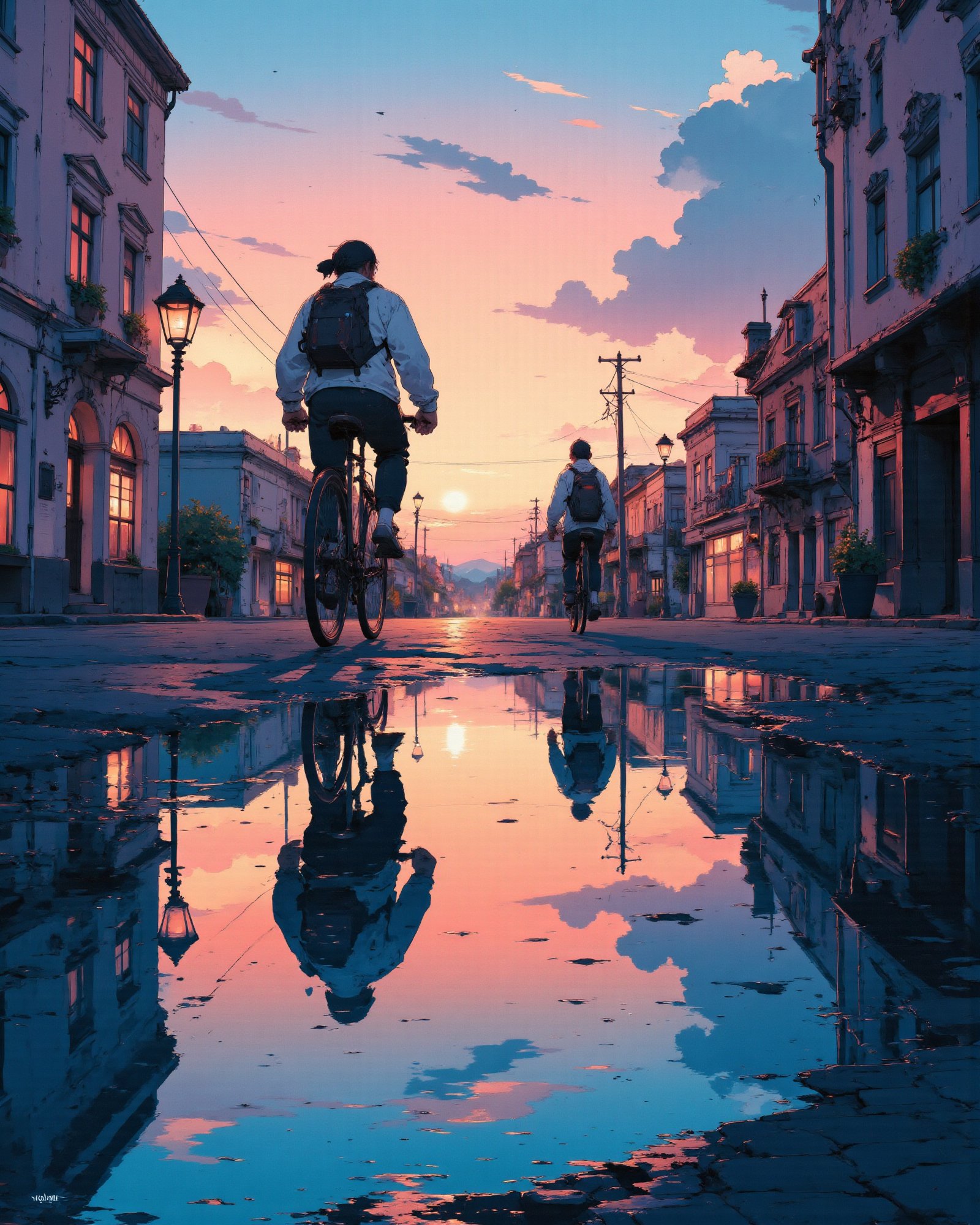 Image is a stunning urban street scene captured at sunset, featuring a symmetrical reflection in a large puddle on the road. The composition is vertical, with the focus on the reflection of the sky and buildings. The sky is a mix of orange, pink, and blue hues, with scattered clouds adding texture. Two cyclists are in motion, one in the foreground and another further back, both slightly blurred to convey movement. The street is lined with classic European-style buildings, characterized by their white facades and arched windows. Vintage-style street lamps line the road, adding to the nostalgic atmosphere. The reflection in the puddle perfectly mirrors the sky and the cyclists, creating a visually striking effect. The overall mood is serene and picturesque, capturing the essence of a city at dusk..Cinematic_Enhancer_Style,anime,cyberpunk