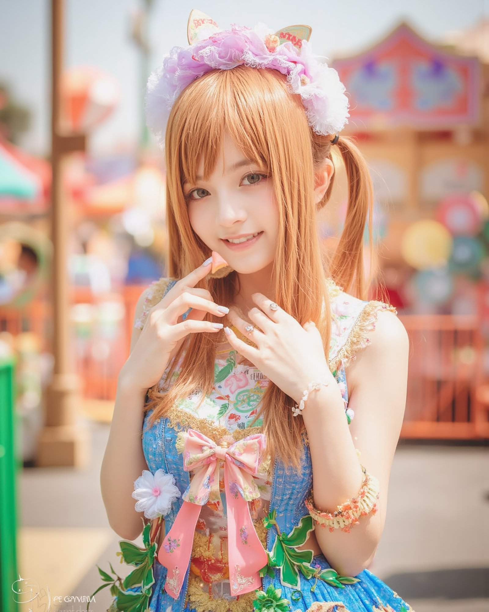 A thrilled cosplayer stands out amidst the vibrant hues of an amusement park, her stunning, colorful dress intricately detailed and flowing like a sunburst. She gazes directly at the viewer with a bright, beaming smile, her armpits subtly visible as she strikes a dynamic pose. The background, a photorealistic depiction of carnival thrills, fades into depth as diffused natural sunlight casts a warm glow on her skin, making it radiant and lifelike.,angel_chan