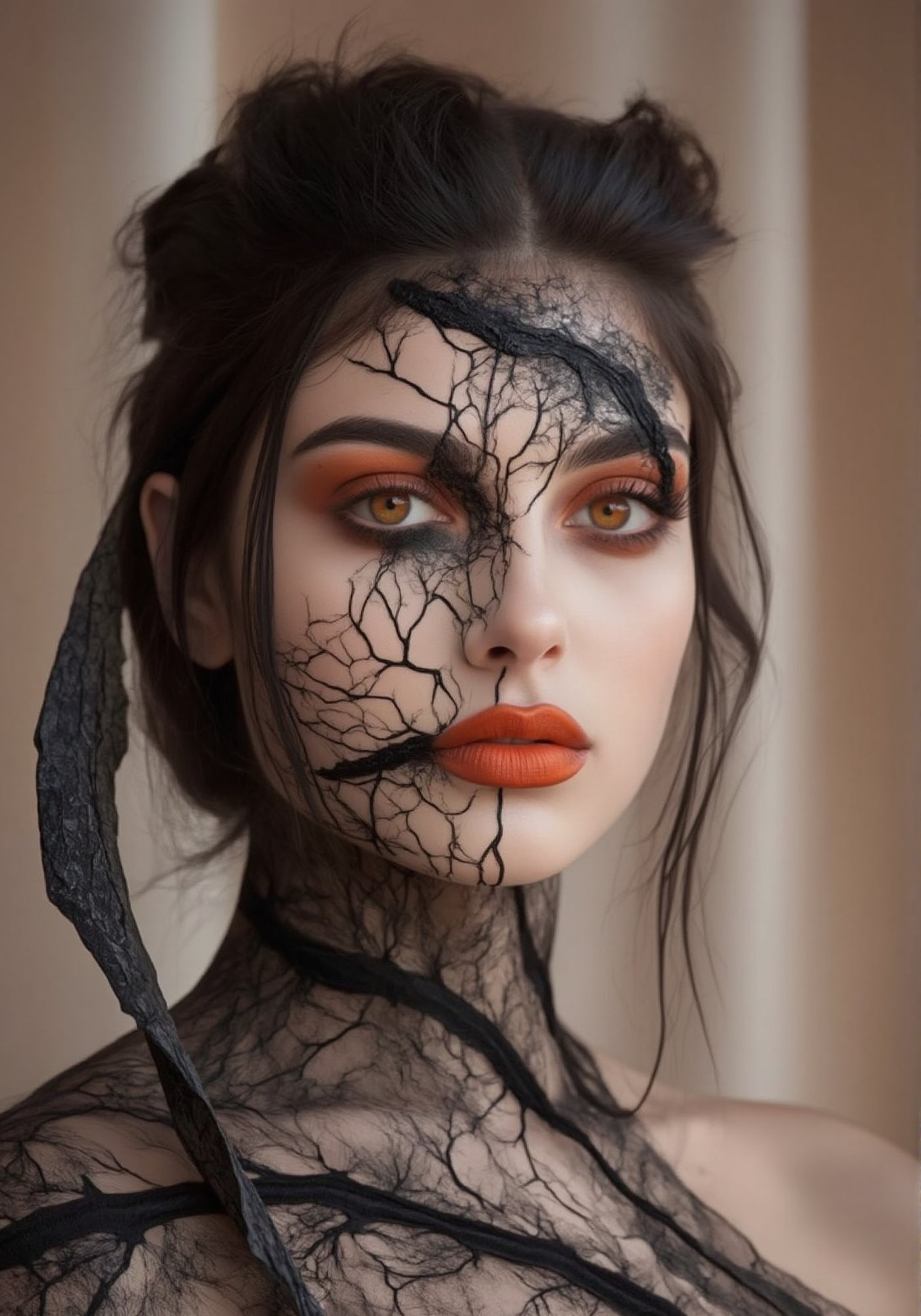 Image is a highly stylized portrait of a woman with a surreal and artistic theme. Her skin is fair, and her facial features are striking, with high cheekbones and full lips painted in a muted orange shade. Her eyes are a vivid, glowing orange, adding an otherworldly effect. Black, intricate, vein-like patterns cover parts of her face and neck, resembling cracked earth or delicate lace. Her dark hair is styled in a loose, slightly tousled manner, framing her face softly. The background is blurred, with a soft, neutral tone, possibly indicating a curtain or wall, which enhances the focus on her face and the dramatic makeup and patterns. The overall mood is mysterious and ethereal, blending elements of fantasy and high fashion.,angel_chan,Halloween makeup