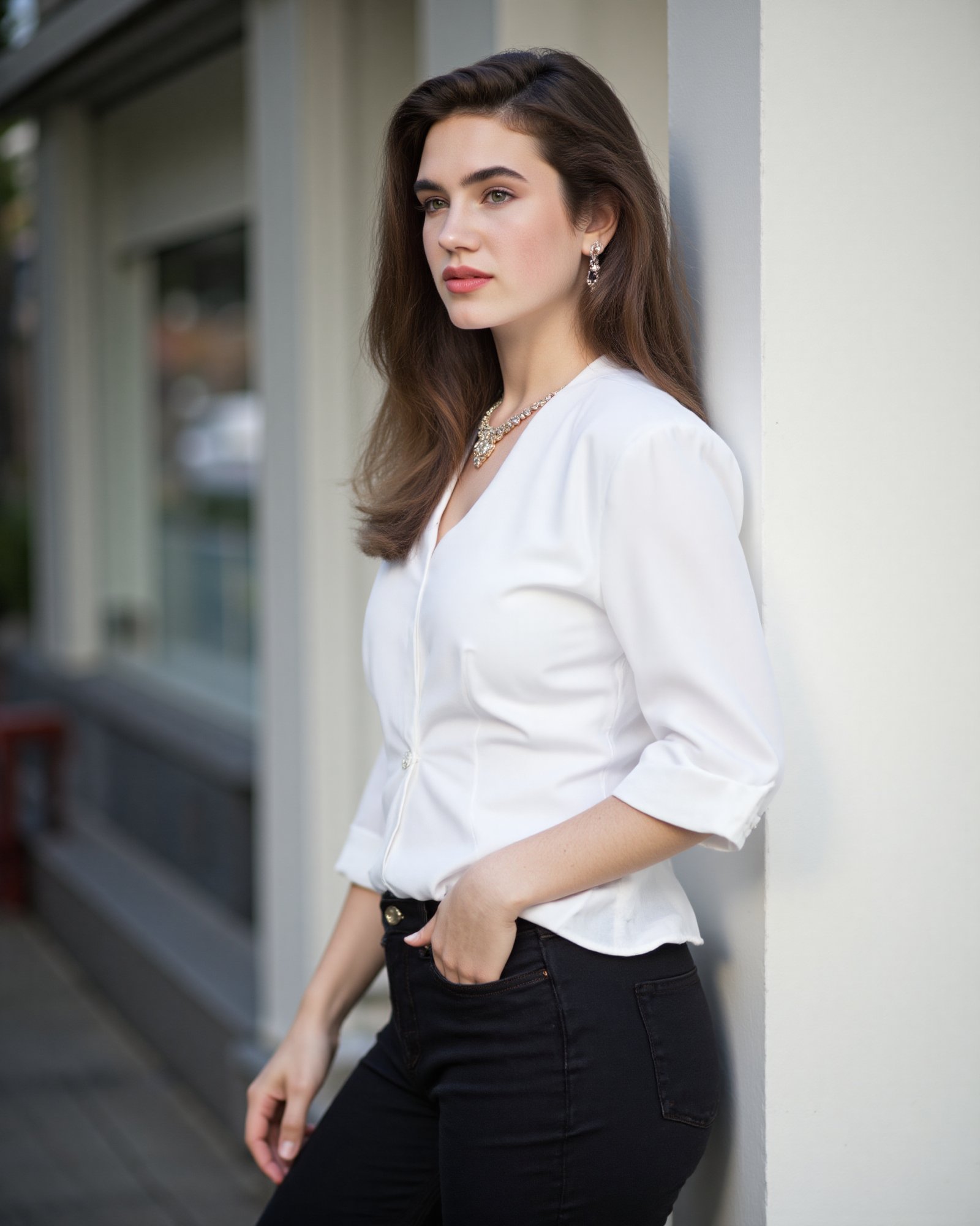 A woman standing in an urban setting, leaning casually against a wall, wearing a white button-up blouse with rolled sleeves, black tailored pants, and a gold pendant necklace. Her left hand is in her pocket, and her expression is calm with a slight upward chin tilt. The background is urban and neutral, focusing on her confident and sophisticated demeanor