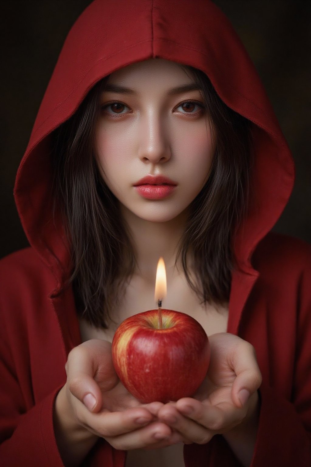 Image is a stylized portrait featuring a sexy woman with fair skin and dark hair, wearing a vibrant red hooded cloak reminiscent of a fairy tale character. She is centered in the frame, holding a shiny red candle with both hands extended towards the viewer, creating a sense of depth. The background is blurred, focusing attention on the subject and the apple. Her facial features are soft, with a slightly blurred focus, adding to the mysterious and enchanting atmosphere. The lighting is dim, enhancing the dramatic and moody tone of the image,hubg_beauty_face