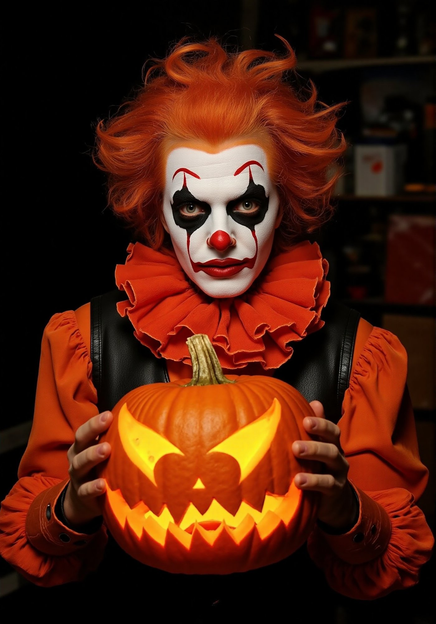 The image is a portrait-style photograph of a creepy man dressed as a clown, holding a carved pumpkin with a classic pumpkin face. The clown has striking orange hair that is styled in a wild, voluminous style. His face is painted white with excessive black eye makeup, a red nose, and a wide, creepy smile that is accentuated by red lipstick. His costume includes a frilly orange shirt with puffed sleeves and a black leather vest. The background is in a dark, cluttered room, adding to the eerie atmosphere. The pumpkin is bright orange with triangular eyes and a jagged mouth that emits light from within the pumpkin, adding to the Halloween theme. The overall composition is centered, with the subject facing the camera directly, creating a dramatic and unsettling effect.,Halloween Makeup,