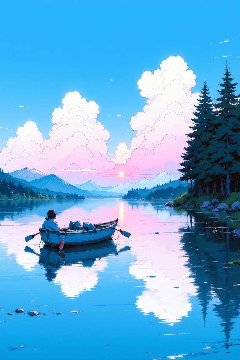 a medium-sized painting captures a vibrant blue sky, adorned with white, fluffy clouds. The painting features a lake with a small boat floating on top of it, its reflection gazing off into the water. The boat is adorned with two oars, adding a touch of color to the scene. A person, dressed in a blue shirt and a black hat, is seated in the bow of the boat, facing towards the horizon. To the right of the painting, a forest of evergreen trees is reflected in the water's surface. The sun is setting, casting a pink hue over the scene, creating a peaceful and serene atmosphere.