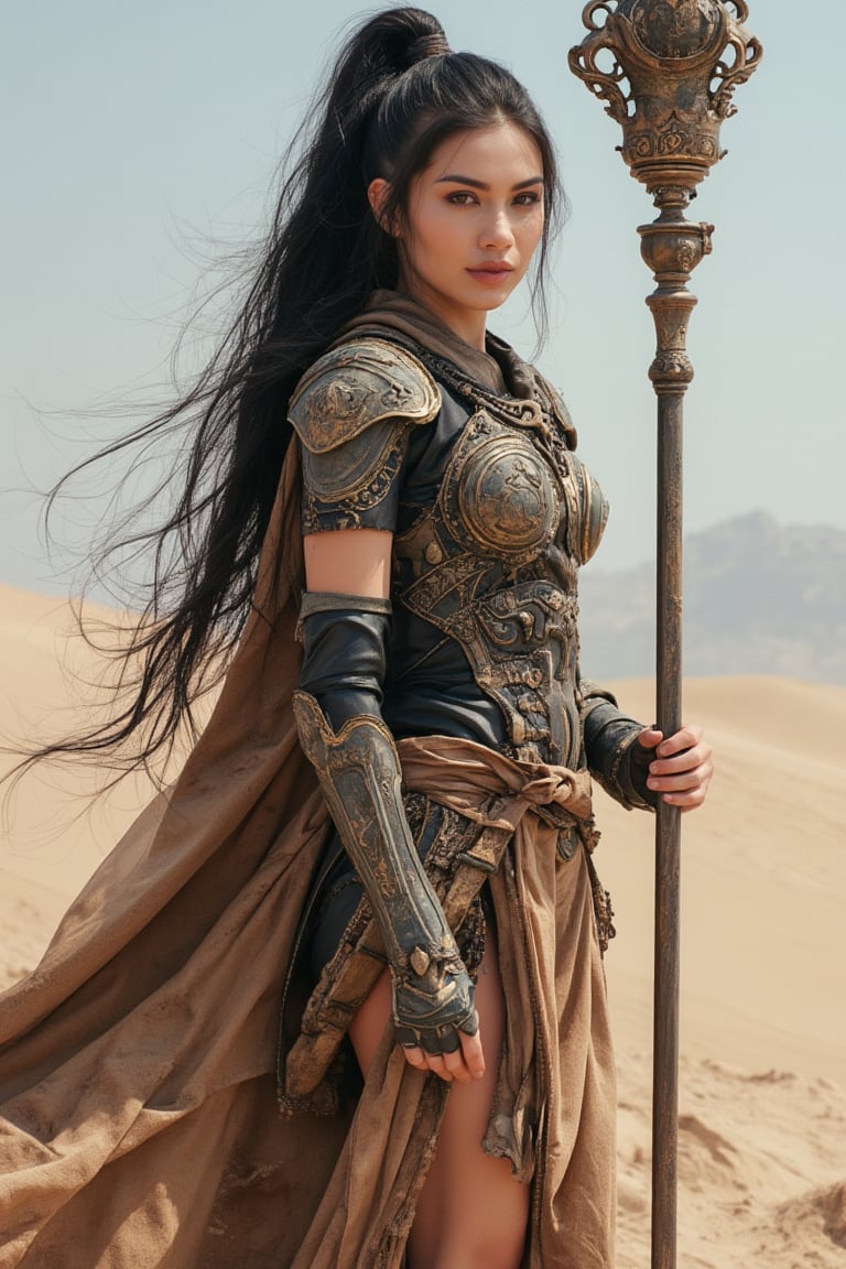 Image is a digital artwork featuring a fantasy warrior woman standing in a desert landscape. She has long, flowing black hair tied in a high ponytail and striking facial features with fair skin. Her attire is a detailed, ornate armor with gold and bronze accents, including a breastplate, shoulder guards, and a flowing cape. She holds a tall, intricately designed staff with a spherical top in her right hand. The background consists of soft, sandy dunes under a clear sky, enhancing the epic and adventurous theme of the scene.,ct-identityV2