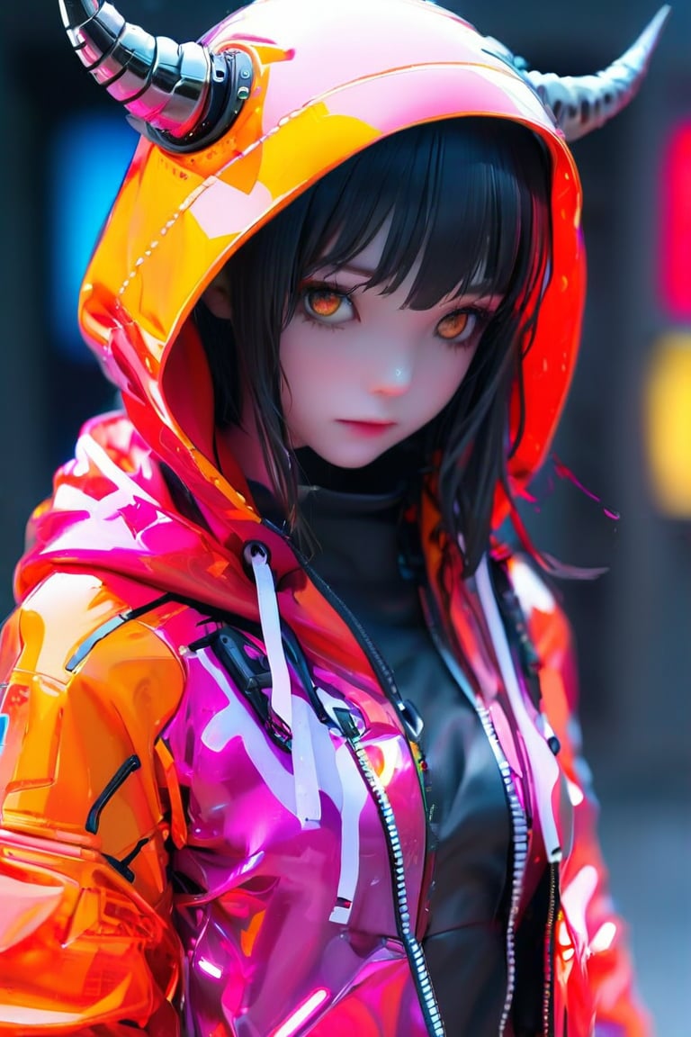 score_9_up, score_8_up,score_7_up,3D,upper_body,demon, facing_viewer,fully_clothed, score_9_up, score_7_up, PVC,anime,Anime Style.,vivid color,1girl,hooded_jacket,cybernetic