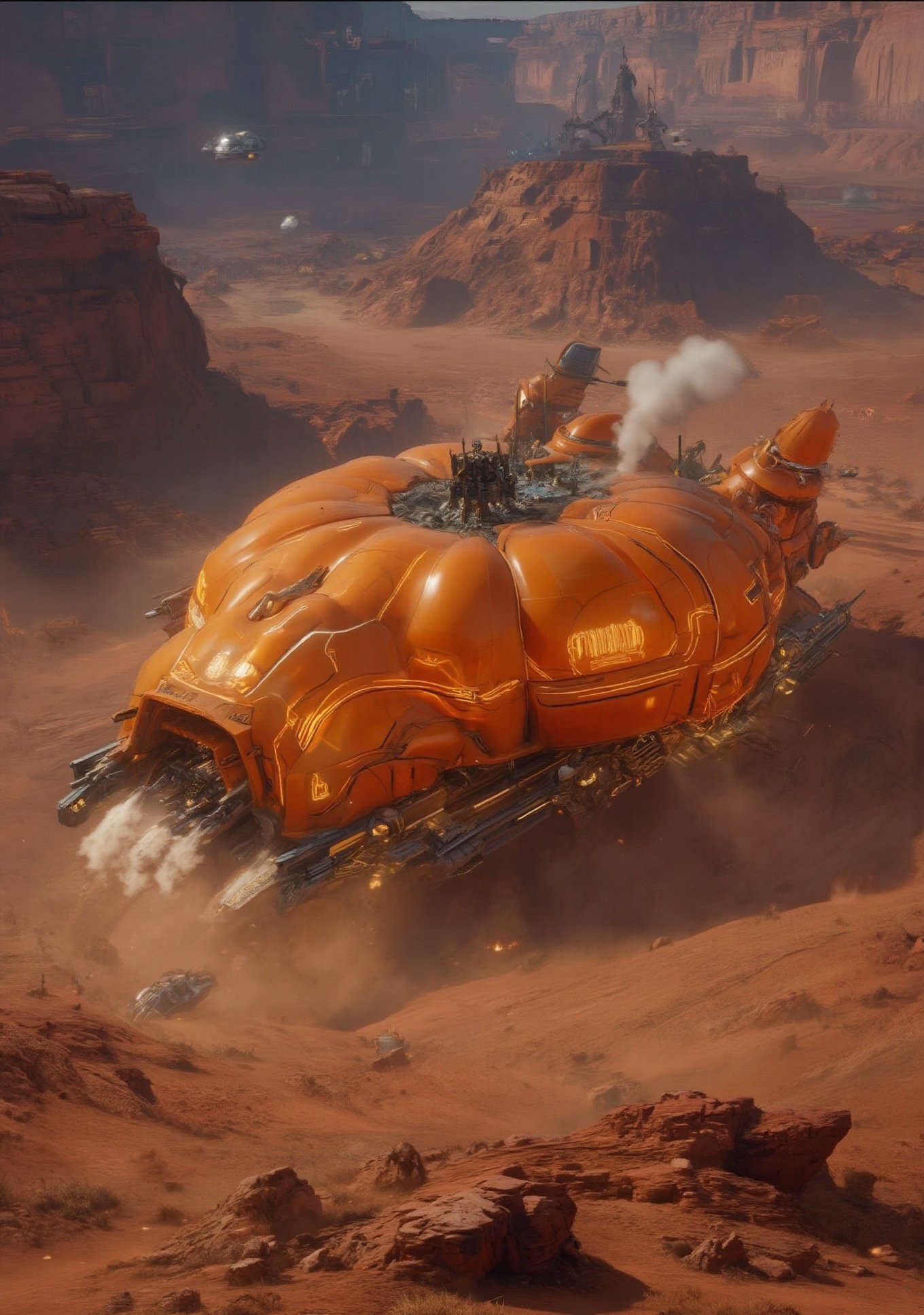 A futuristic orange spaceship,  shaped like a pumpkin,  lands on a barren alien terrain. The ship's curved surface glows w...
