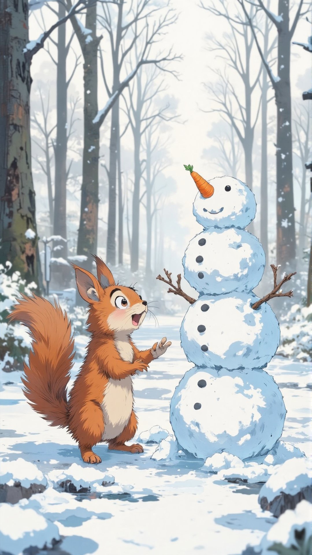 Image is a whimsical photograph featuring a small,  red squirrel interacting with a miniature snowman. The squirrel,  with...