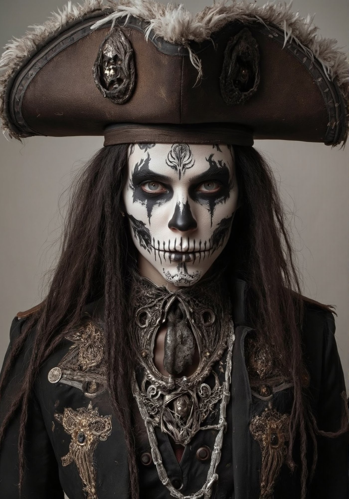 Image is a highly detailed, stylized portrait of a person dressed in an elaborate pirate costume. The subject has a skeletal face painted with intricate black and white designs, resembling a skull. The skin is pale, enhancing the dramatic effect of the makeup. The individual wears a large, ornate tricorn hat adorned with skull motifs and tattered edges, adding to the pirate theme. Long, textured dreadlocks cascade down from beneath the hat. The costume is richly detailed, featuring a dark, weathered jacket with intricate embroidery and a layered, decorative vest. The ensemble is completed with a large, ornate necklace featuring metallic elements. The background is blurred, focusing attention on the subject's striking appearance.,angel_chan,Halloween makeup