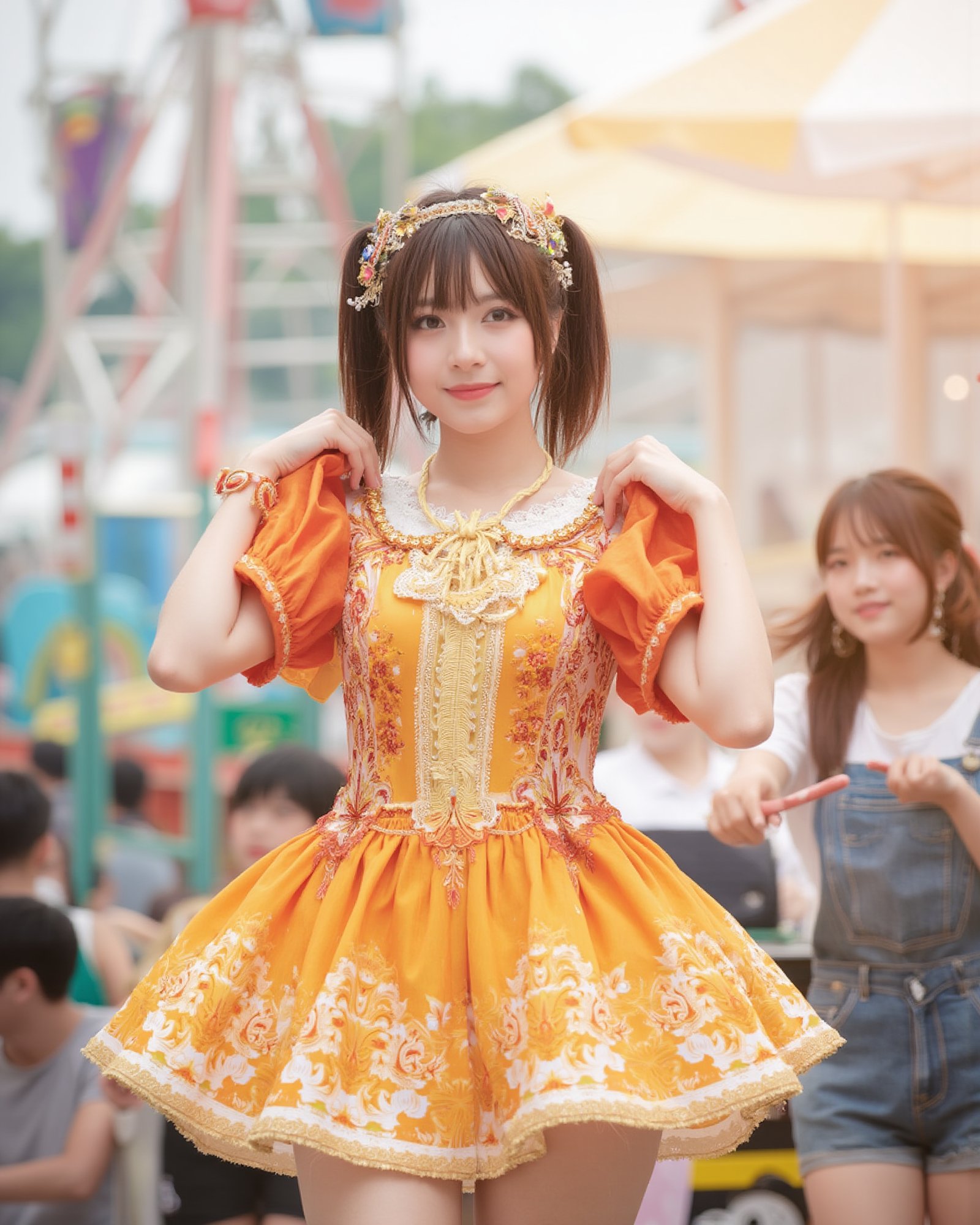 A thrilled cosplayer stands out amidst the vibrant hues of an amusement park, her stunning, colorful dress intricately detailed and flowing like a sunburst. She gazes directly at the viewer with a bright, beaming smile, her armpits subtly visible as she strikes a dynamic pose. The background, a photorealistic depiction of carnival thrills, fades into depth as diffused natural sunlight casts a warm glow on her skin, making it radiant and lifelike.,angel_chan