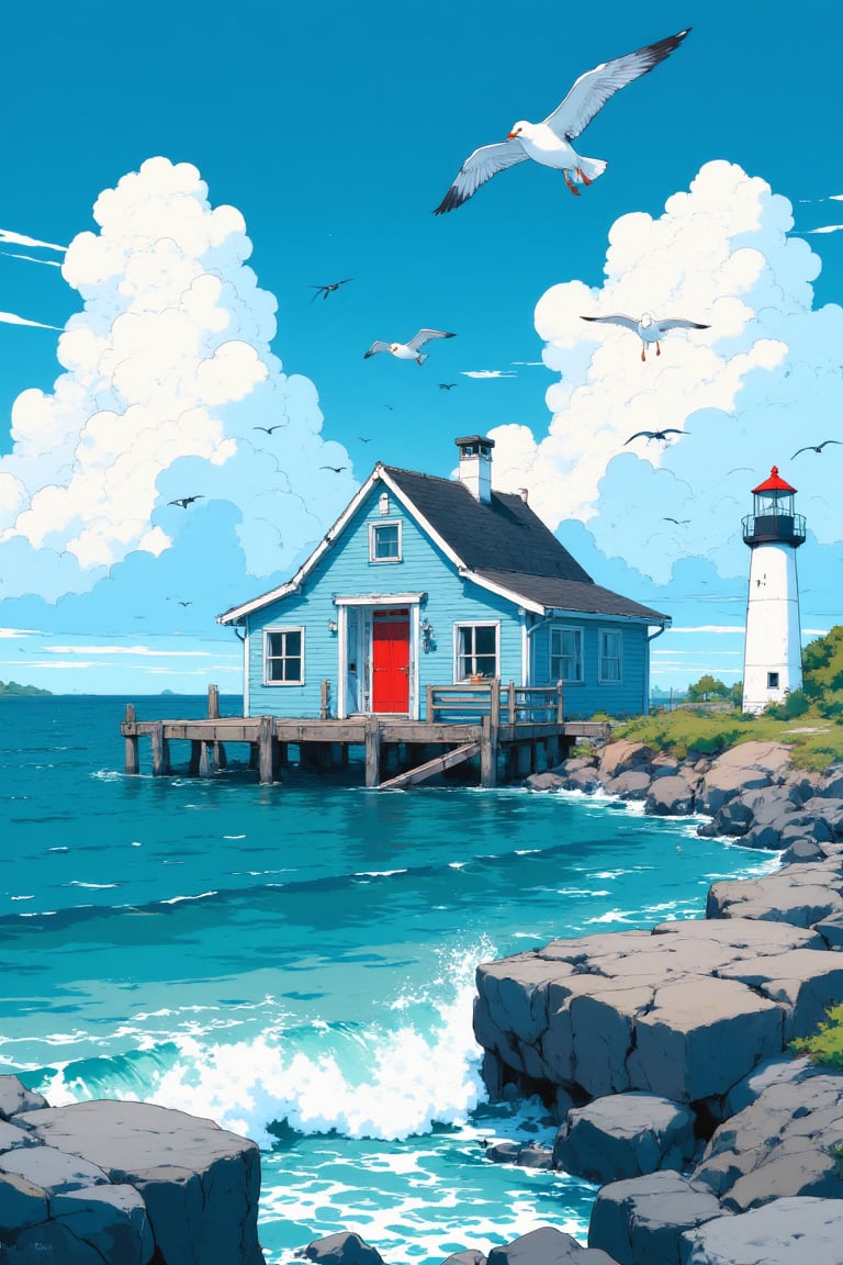 Captured at eye-level on a vibrant day, a seagulls fly over a blue house, adorned with a red door and a black roof. The house is situated on a pier, with a light house on the right side of the frame. The sky is a deep blue, dotted with fluffy white clouds, adding a touch of color to the scene. The water is a vibrant blue-green, with white waves crashing against the rocks, creating a peaceful and serene atmosphere.