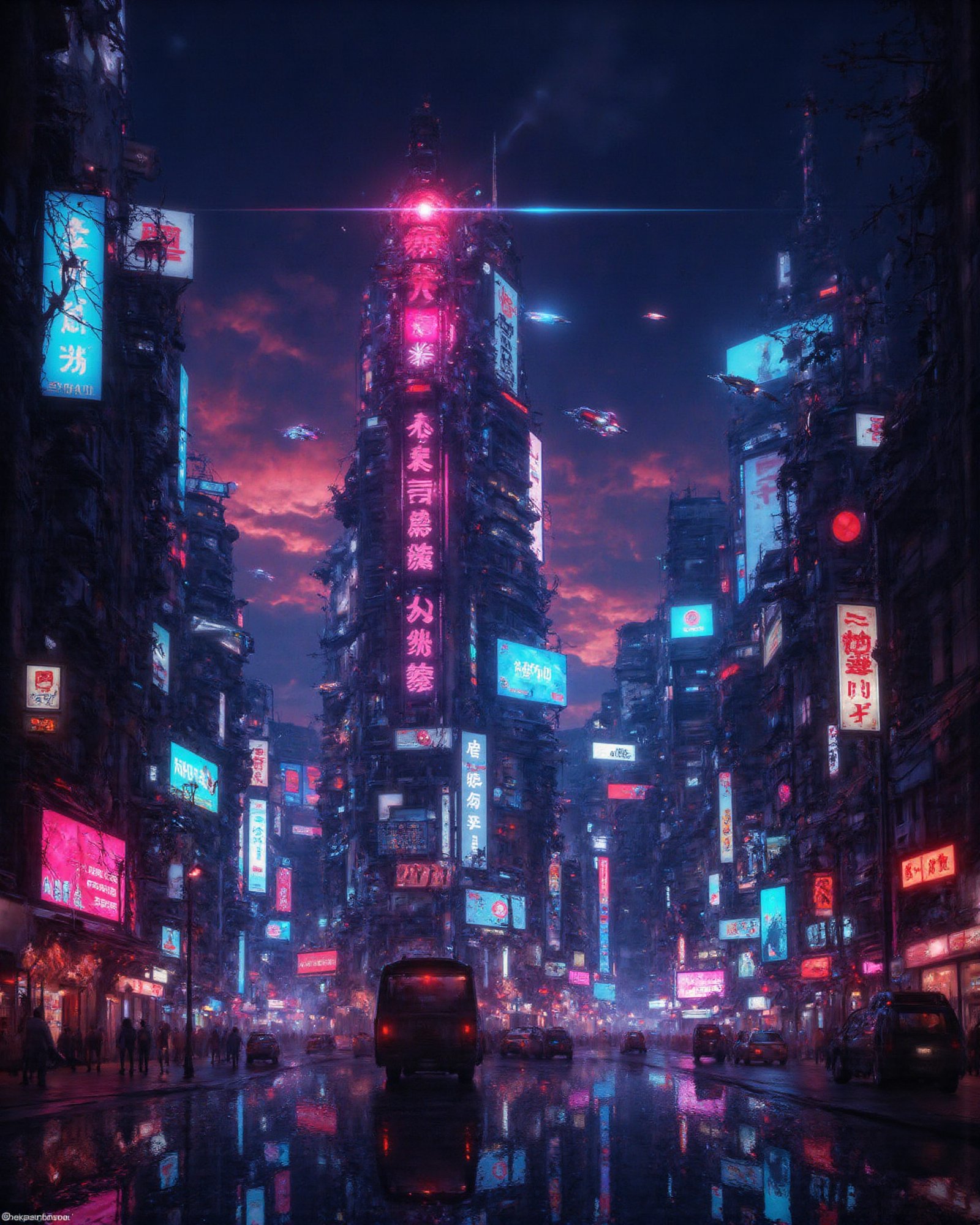 cyberpunk cityscape hyperrealistic art lets make some random images with cool futuristic cities and ships in an unknown new world, let the skies be filled with 8k details and vibrant colors. Make theses images trending an very eye catching.  . extremely high-resolution details, photographic, realism pushed to extreme, fine texture, incredibly lifelike . neon lights, dark alleys, skyscrapers, futuristic, vibrant colors, high contrast, highly detailed.Cinematic_Enhancer_Style,anime,cyberpunk,Midjourney_Whisper