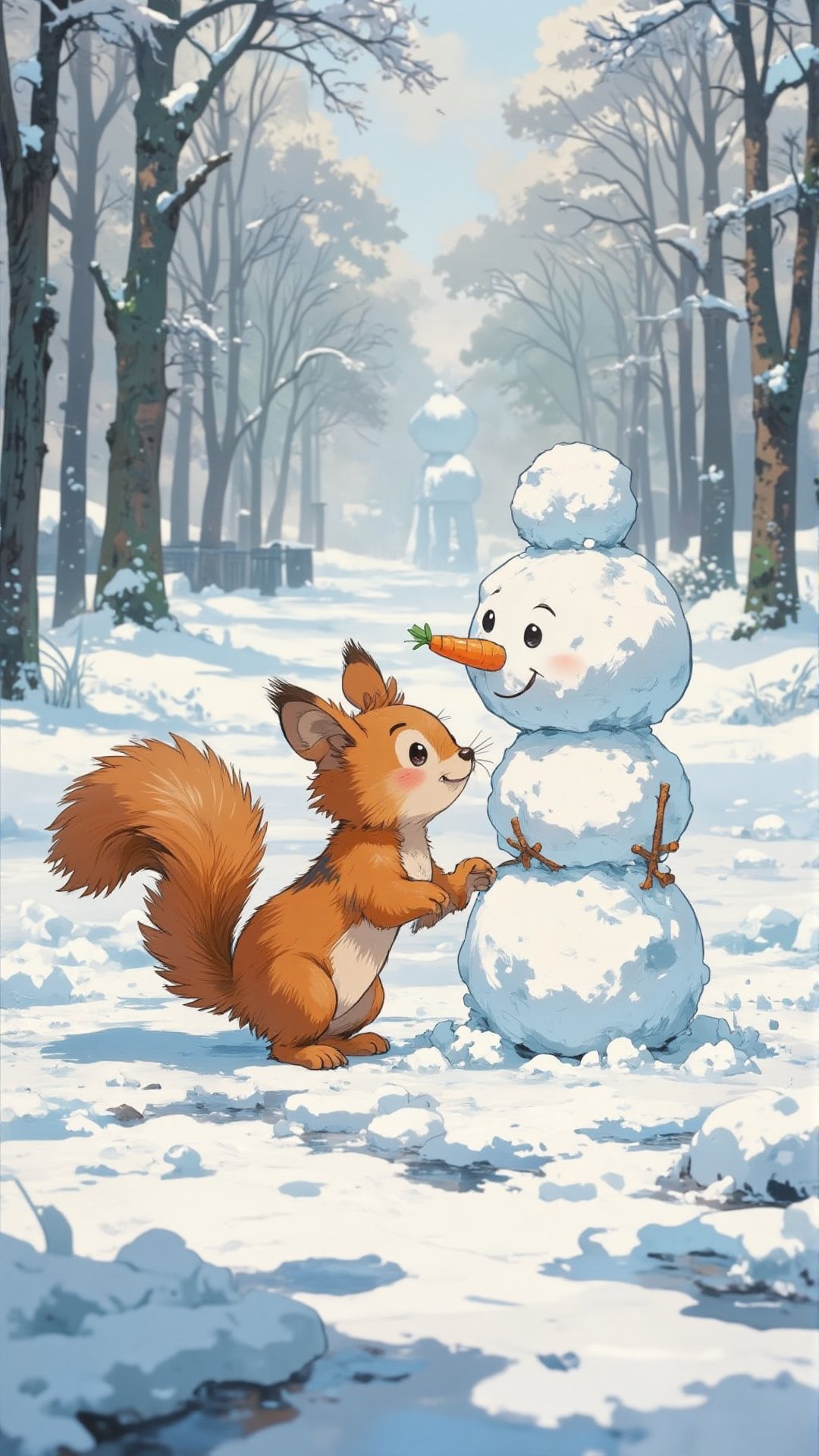 Image is a whimsical photograph featuring a small,  red squirrel interacting with a miniature snowman. The squirrel,  with...