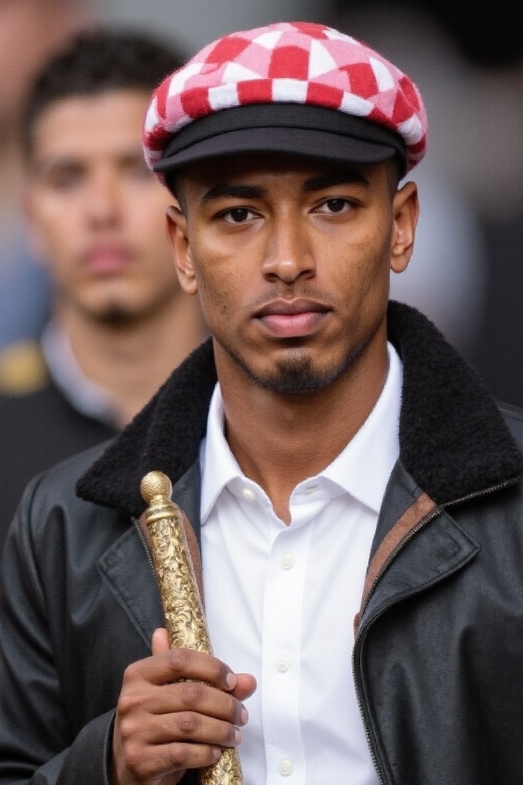 Captured at eye-level, a close-up shot of a Jude Bellingham in a white collared button-down shirt, adorned with a red and white checkered headdress. The man's headdress features a black rimmed hat with a black stripe on the top, adding a pop of color to the scene. He is dressed in a black leather jacket with a brown belt around his waist, and holding a gold sword in his left hand. The backdrop is blurred, with a man's face visible in the upper left corner.