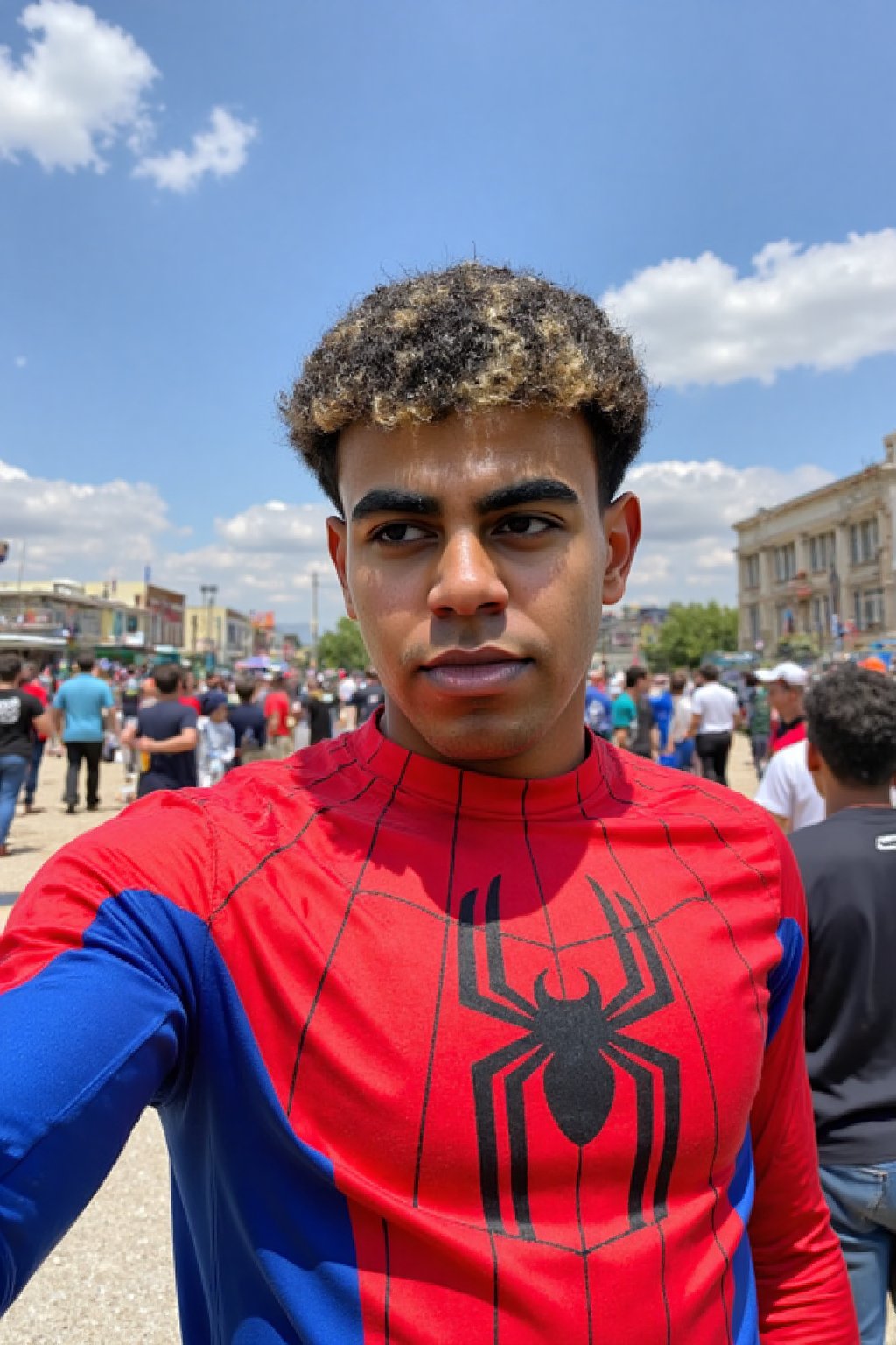 Lamine Yamal, Spiderman costume, take selfie pov,iPhone Photography 