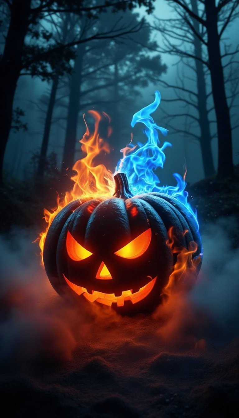 Fiery pumpkin aglow on a dark, misty Halloween night. Red-orange flames engulf its body, while blue-orange flames dance in its eyes and mouth, creating an otherworldly glow. The masterpiece is set against a backdrop of swirling fog, with eerie tree silhouettes looming in the distance. (ultra high detailed texture: 1.2)