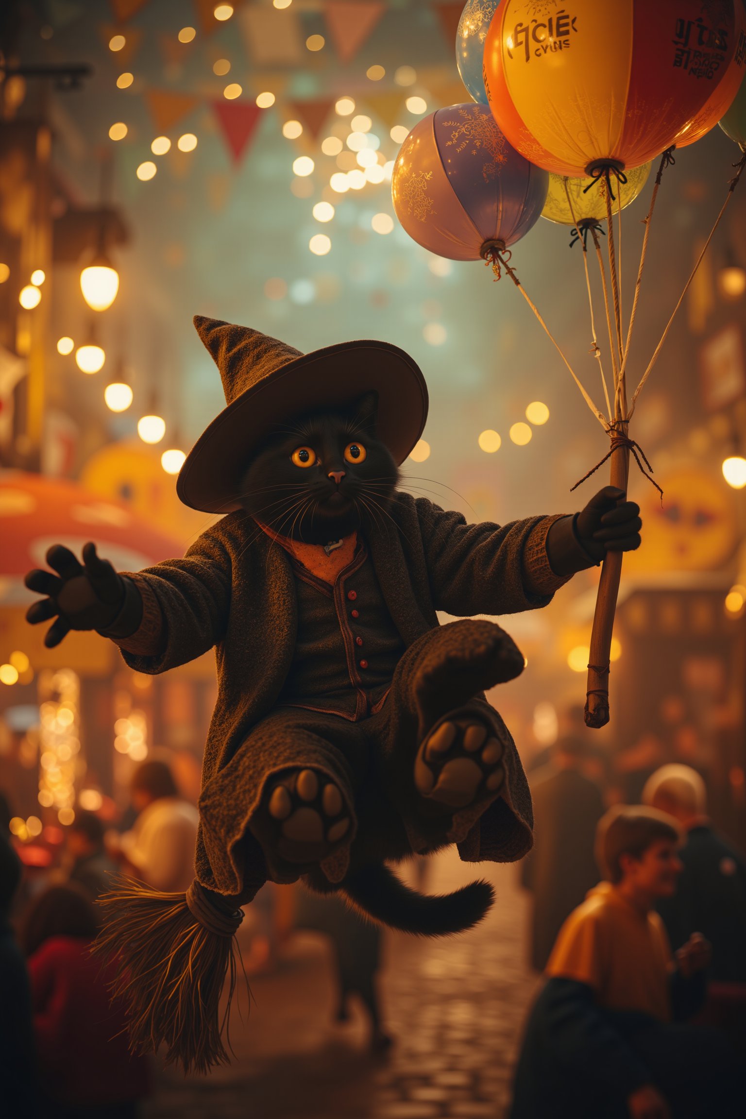 A mystical black cat, donning wizard attire and hat, soars through the air on a magic broom, balloon tightly grasped, amidst Oktoberfest's vibrant atmosphere: colorful tents, twinkling lights, laughter, and music. Framed from a low-angle shot, the camera gazes up at the whimsical scene bathed in warm golden lighting, emphasizing the magic of this supernatural moment.