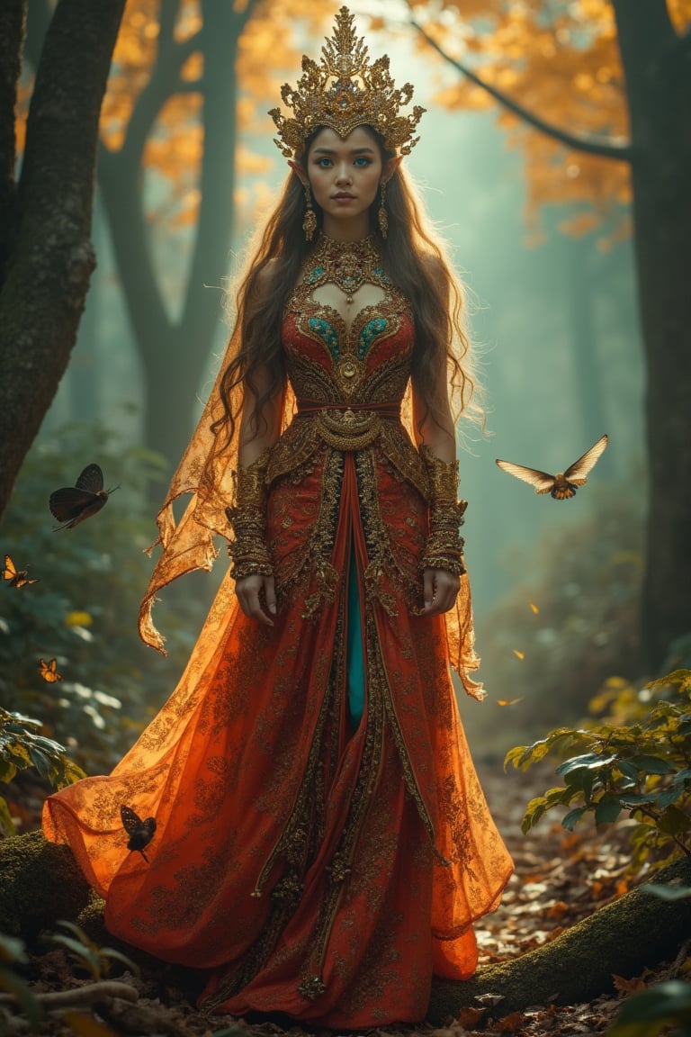 A front view of a radiant Indonesian-faced Elf woman, wearing a luxurious batik gown, standing in a mystical autumn forest. Her body glows, with striking blue eyes, surrounded by small birds and fluttering butterflies. The scene captures the enchanting beauty of the wilderness. Ultra-high definition 8K image.