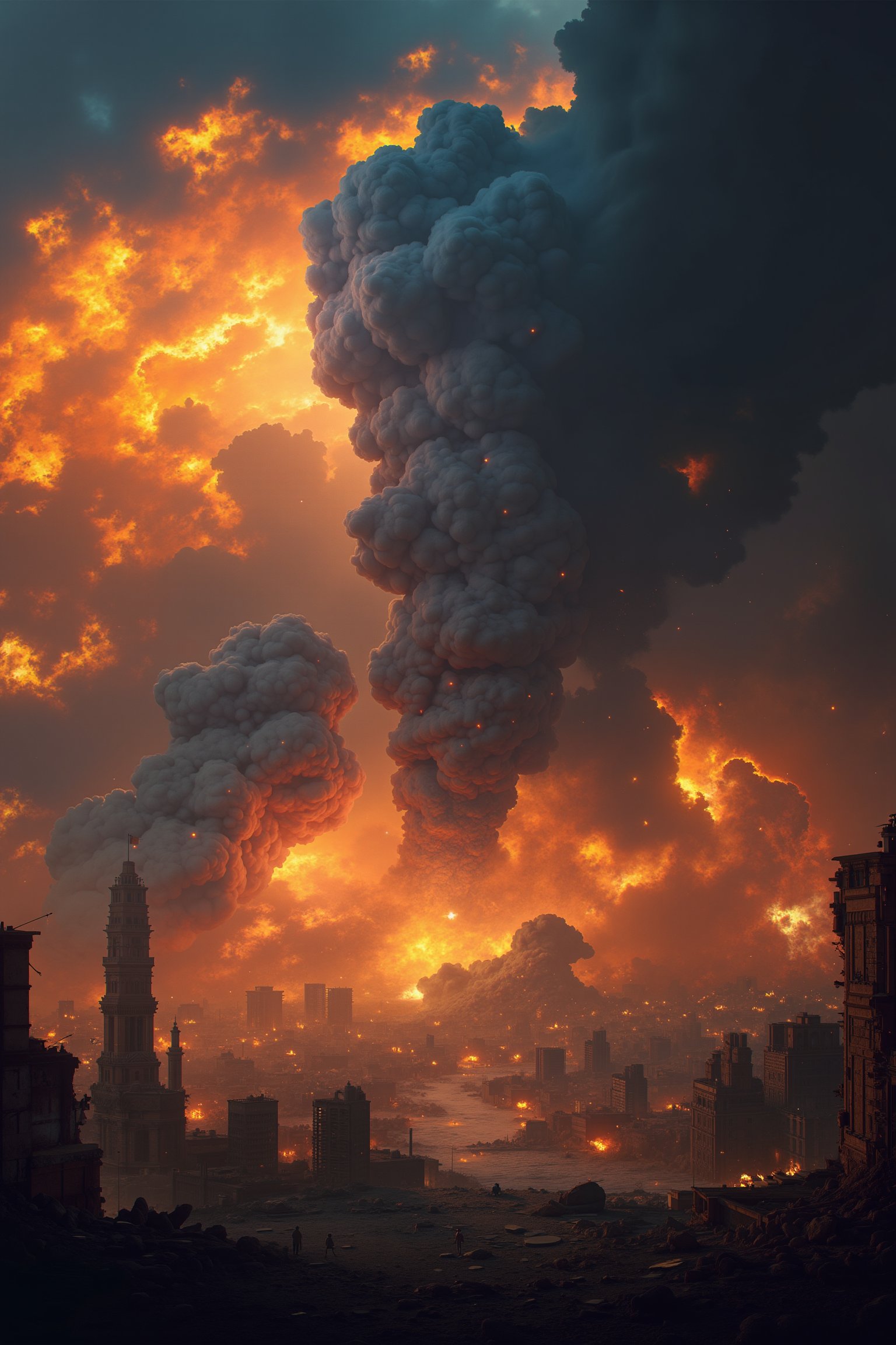 8K UHD image, realistic depiction of Armageddon, apocalyptic scene with massive destruction, crumbling buildings, fiery explosions, dark smoke filling the sky, chaotic atmosphere, dynamic composition, focused on the intense action and devastation, immersive environment blending urban, celestial, and catastrophic elements.