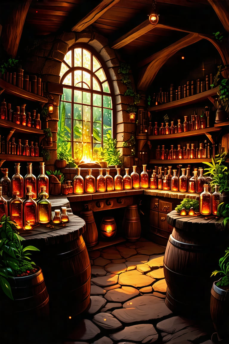 Realistic, Dwarves concoct medicine, potion bottles, inside the room filled with medicinal ingredients, plants, bookshelves, furnaces, sparkling, midjourney styles