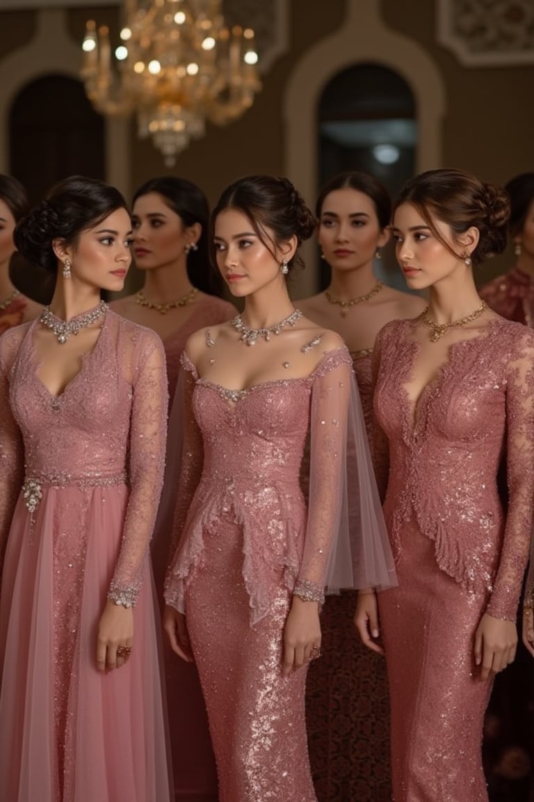 A group of Indonesian girls at a party, each wearing a pink kebaya dress with diverse patterns, exuding grace and elegance. They are adorned with lavish jewelry, including diamond and pearl necklaces. The scene is ultra-high detailed, 8K resolution, with natural perfect lighting. The composition captures their poised and captivating presence, set in a grand, opulent location. The raw, unedited style enhances the authenticity and richness of the image.