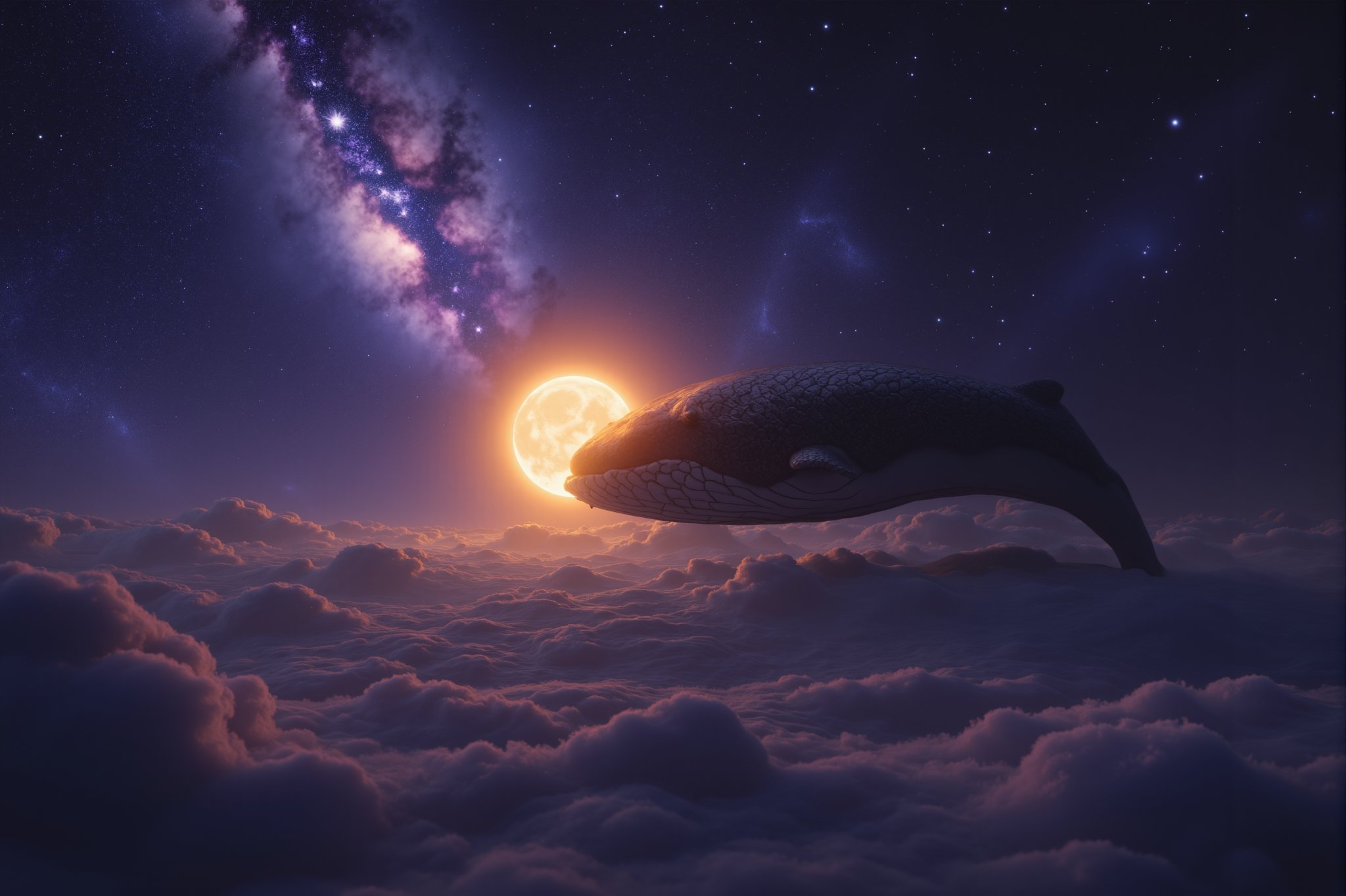 Fantasy Ultra Realistic High Detailed 8K Image, mythical creature like a super-large whale swimming in the sky, about to devour a sun, beautiful galaxy view, night, bright, CG, landscape, close-up shot, focused on whale and sun, cosmic lighting, dynamic composition, capturing the surreal scene, immersive environment blending celestial and mythical elements.