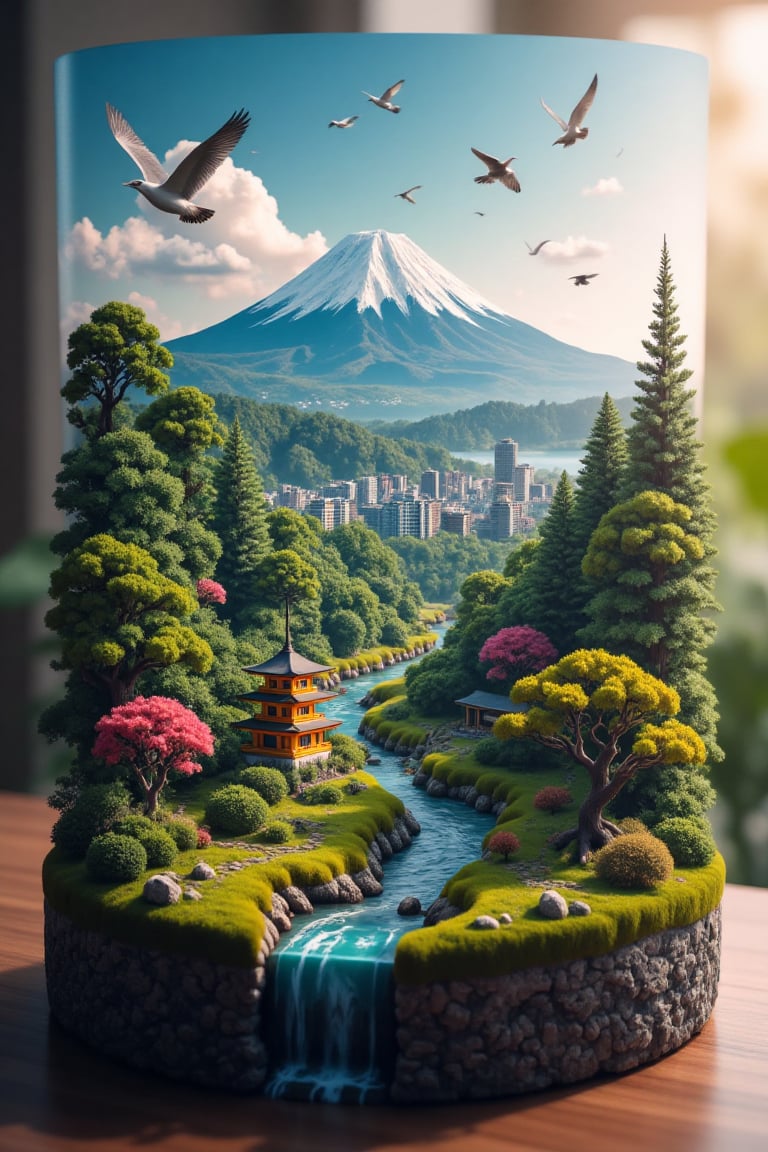 A microworld NFT featuring a serene Japanese landscape with Mount Fuji in the background,  surrounded by a picturesque Jap...