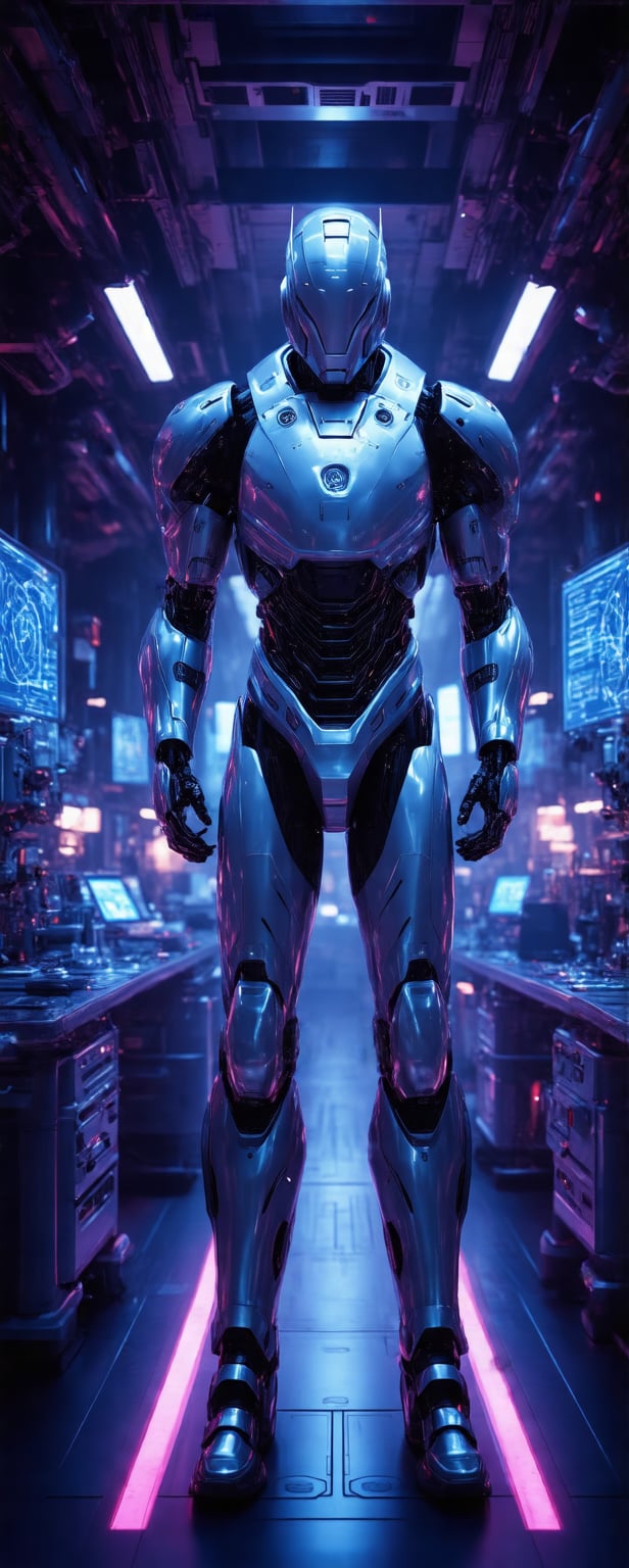 A futuristic laboratory setting with a sleek, silver robot standing tall in the center of the frame. The robot's upper body is the main focus, its metallic limbs and torso gleaming under the bright, fluorescent lighting. The background is a blur of scientific equipment and machinery, with various screens and panels displaying intricate diagrams and data streams. The overall atmosphere is one of technological advancement and innovation.